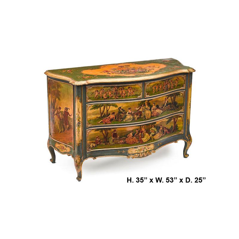 Fabulous 19th century Italian Venetian finely hand-painted bombe four drawer commode.
Serpentine-fronted moulded top paint decorated with various flowers over two small drawers portraying two scenes of playful putti under a tree, above two long