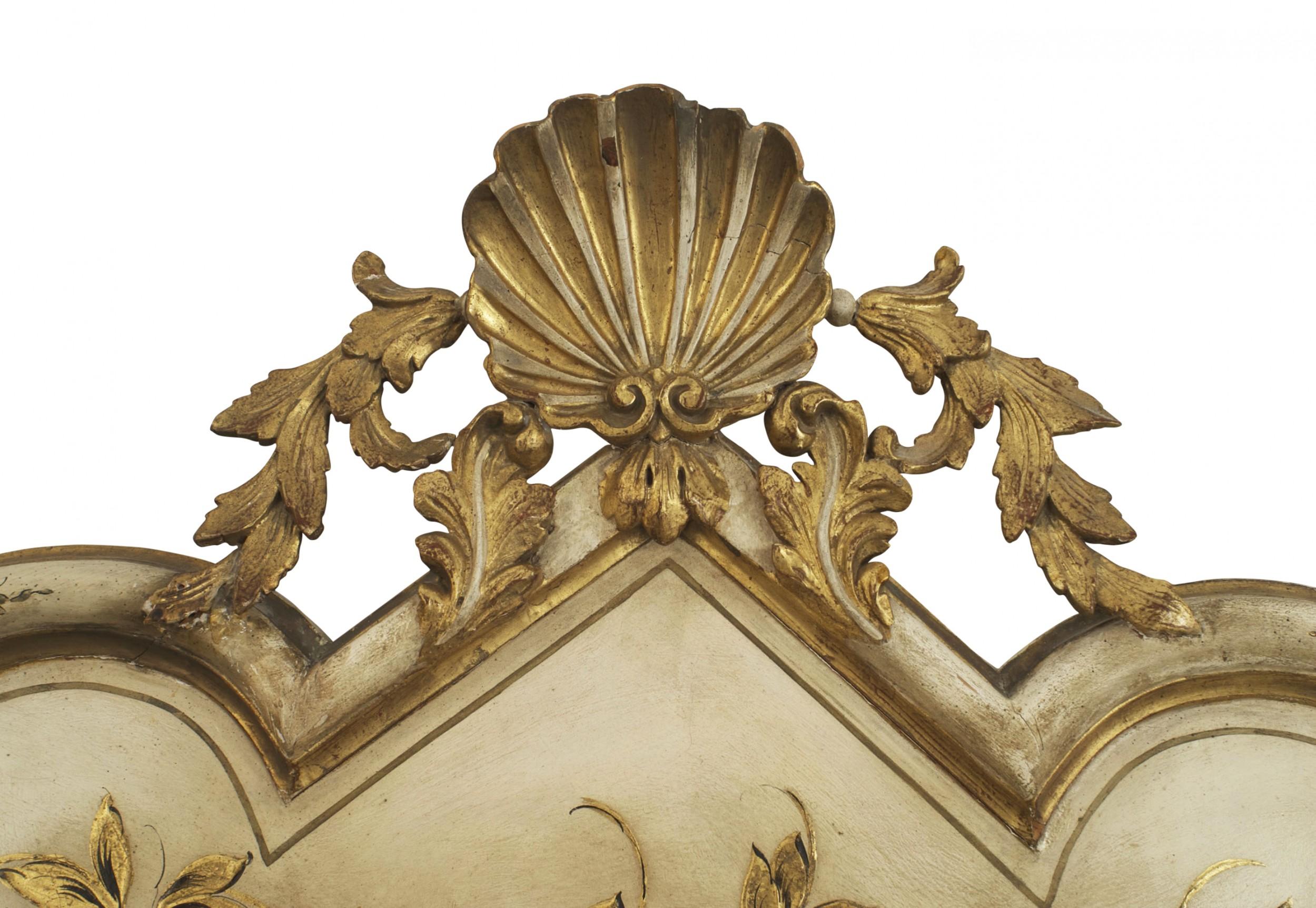 Italian Venetian-style (1950s) antique cream painted shaped headboard with gilt floral leaf decoration with a gilt carved shell pediment top (includes: headboard only)