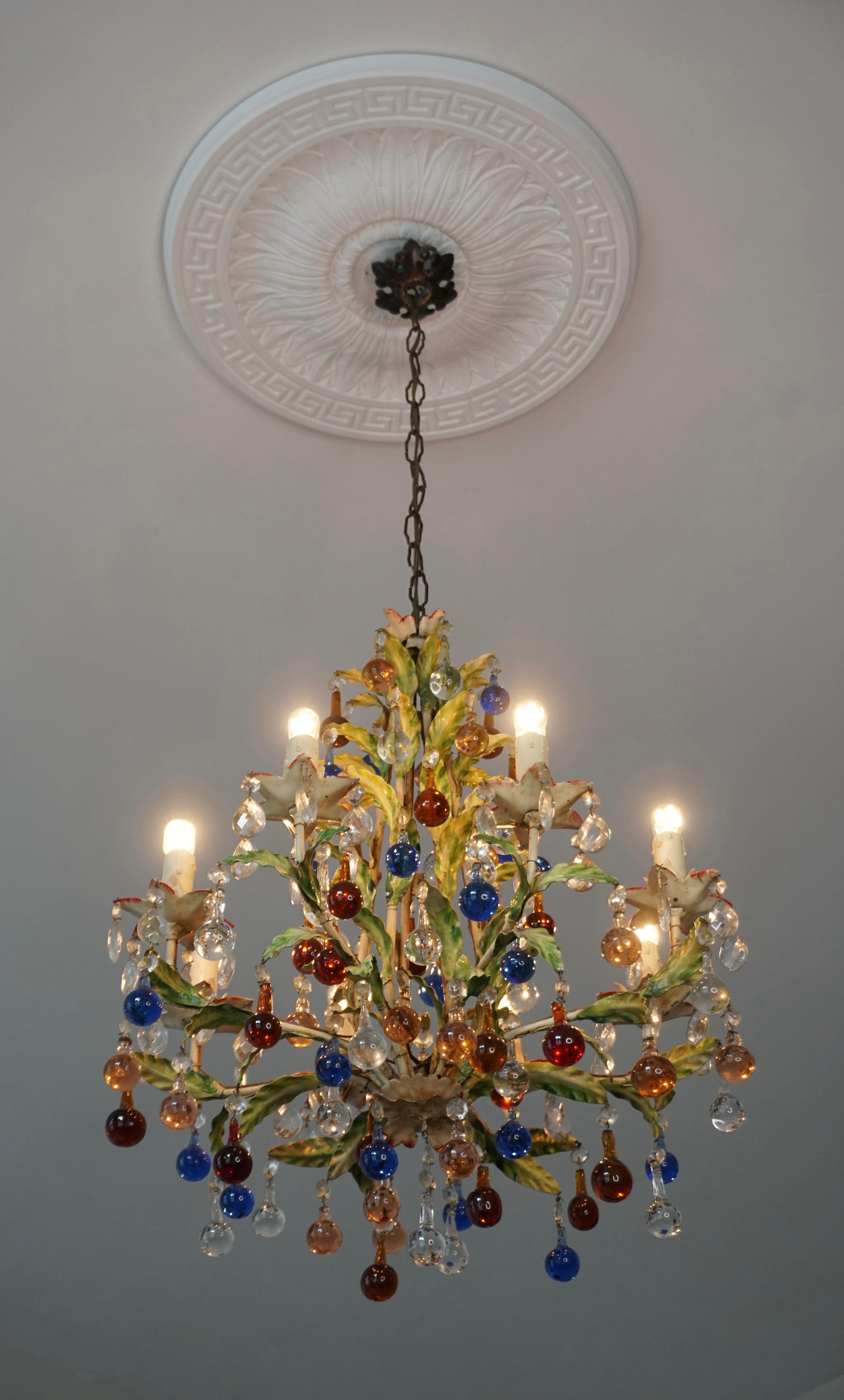 Hollywood Regency Italian Venetian Painted Metal Eight-Light Chandelier with Murano Glass For Sale