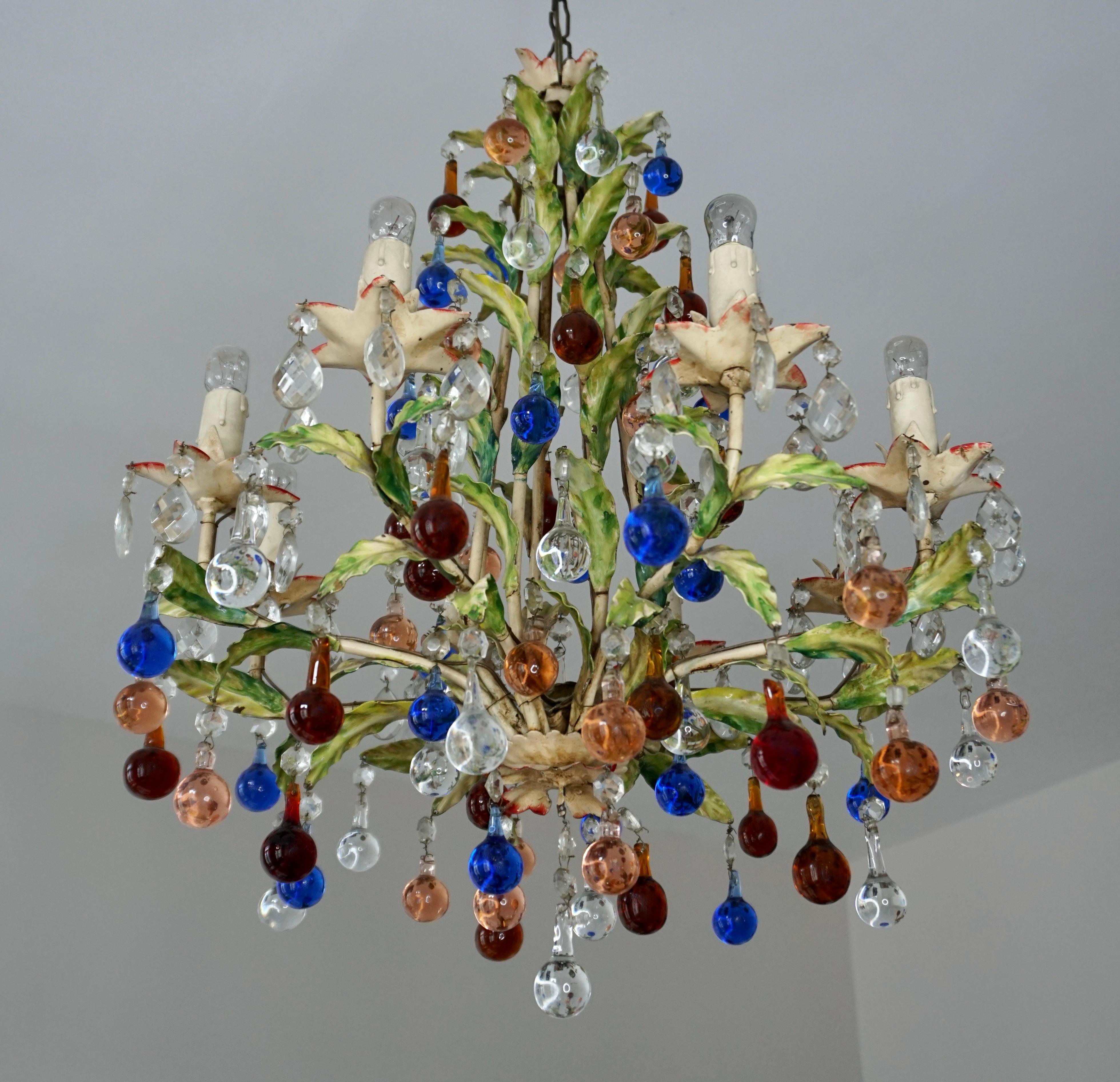 Italian Venetian Painted Metal Eight-Light Chandelier with Murano Glass For Sale 2