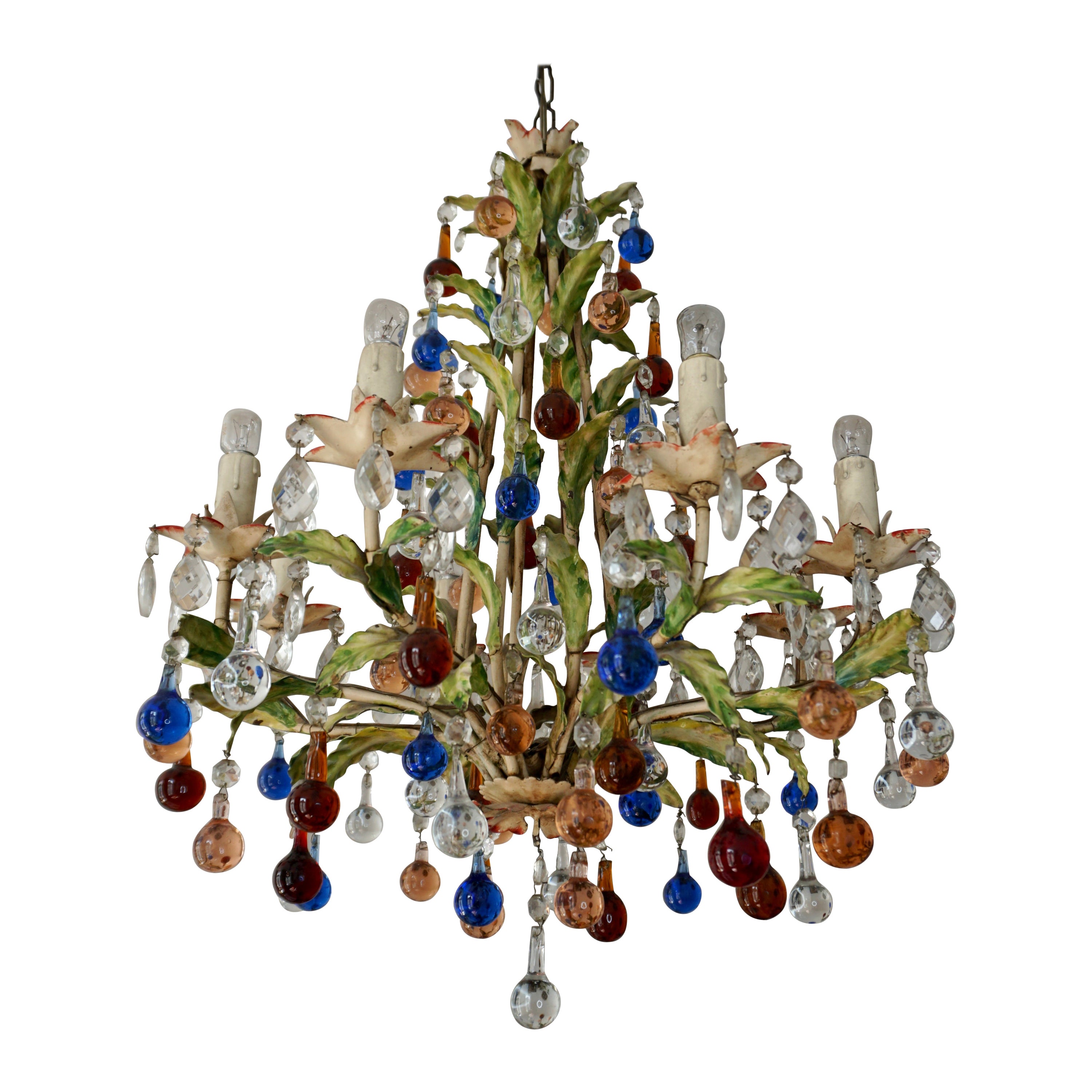 Lampadario a otto luci in metallo verniciato veneziano con vetro di Murano