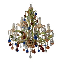 Lampadario a otto luci in metallo verniciato veneziano con vetro di Murano