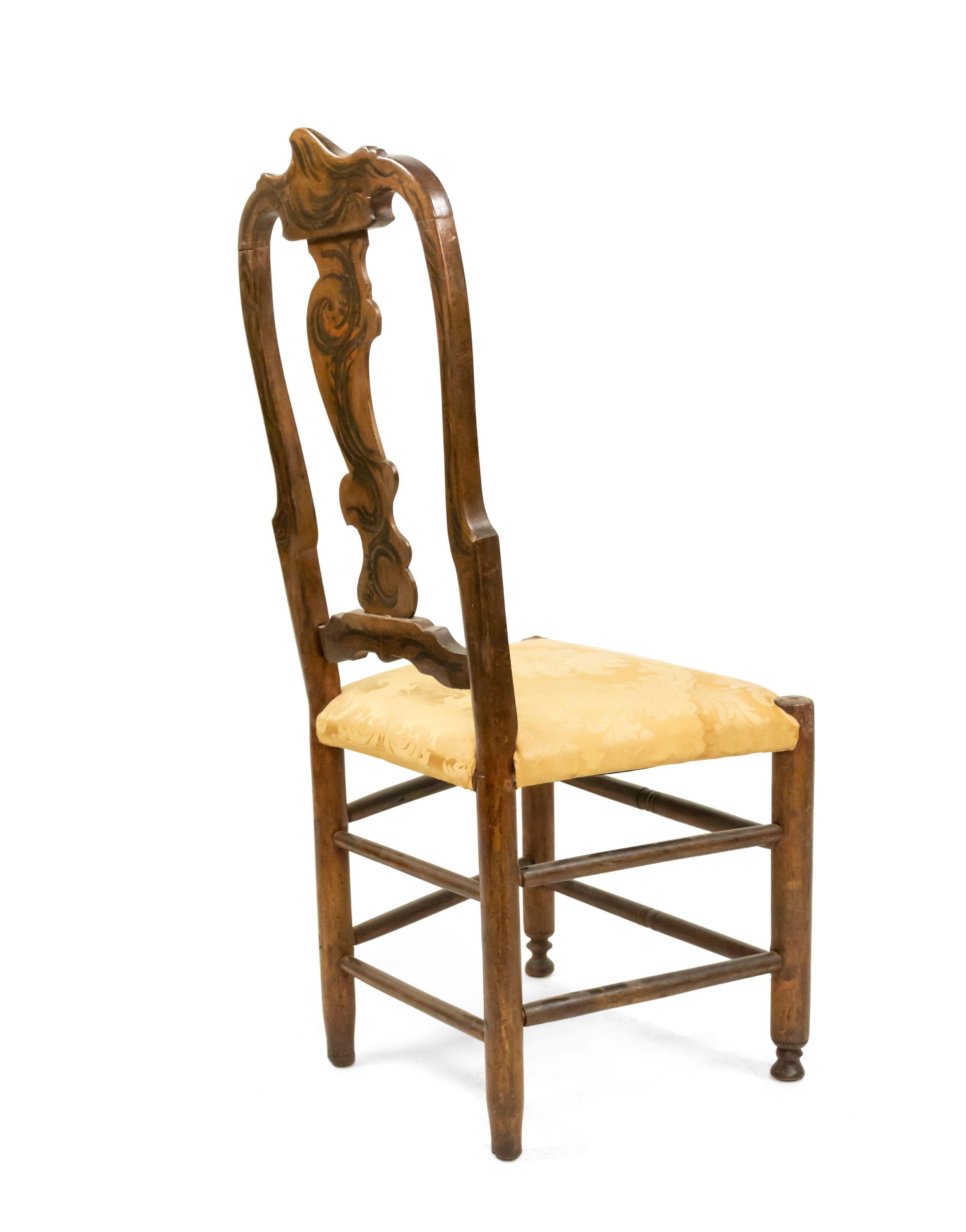 Pair of 18th-19th century Italian Venetian style painted splat back side chairs with stretcher and upholstered seat.