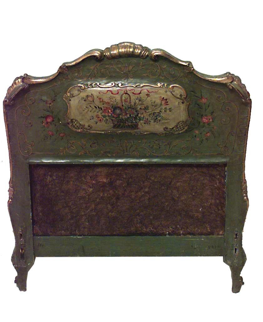 2 Italian Venetian-style (19th Century) green and gold painted single size bed (Includes: headboard, footboard, rails) (PRICED EACH).