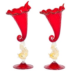 Italian Venetian, Pair of Shell Glasses, Blown Murano Glass, Red and Gold, 1960s