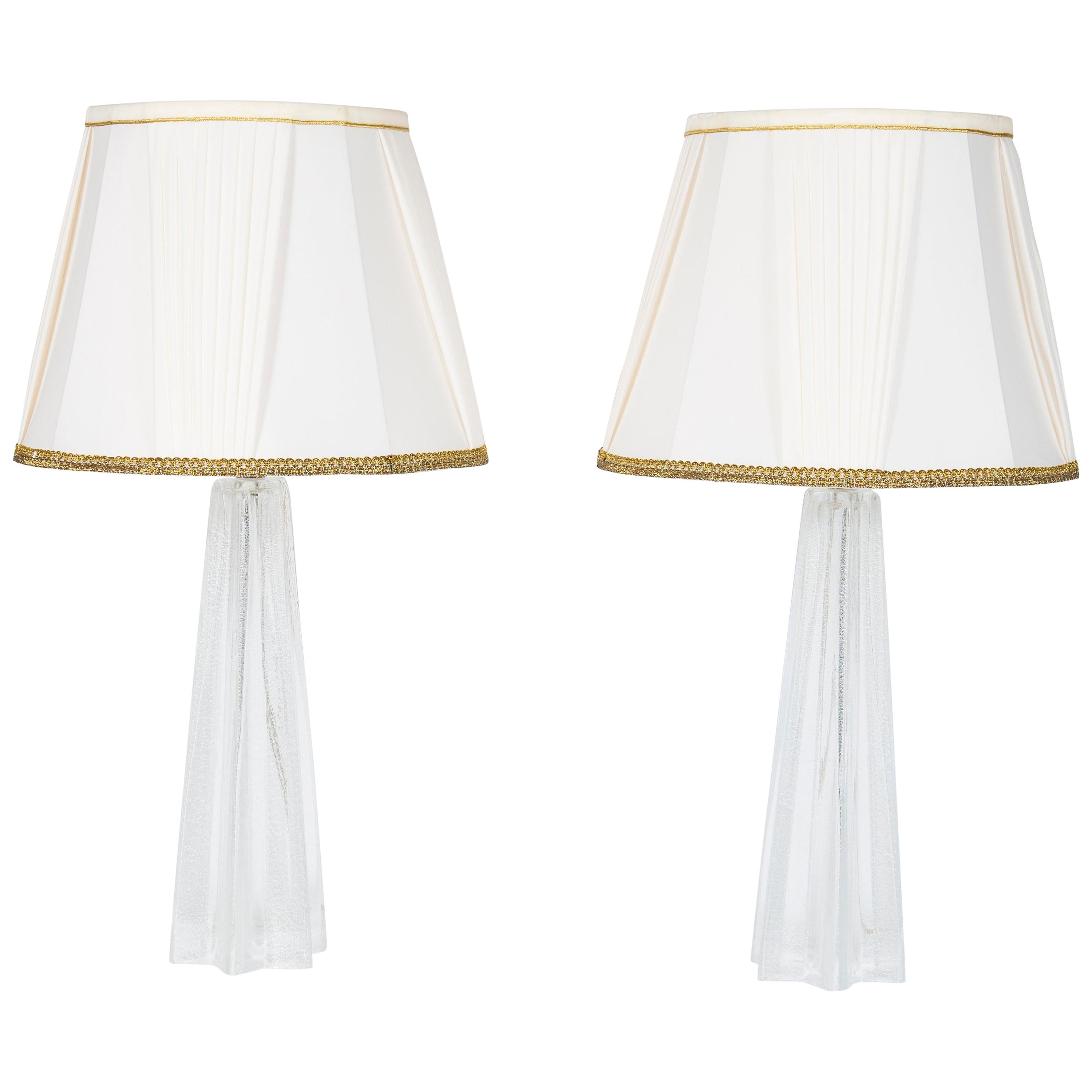 Pair of Table Lamps in Blown Murano Glass clear color and Silver finishes, 1980s