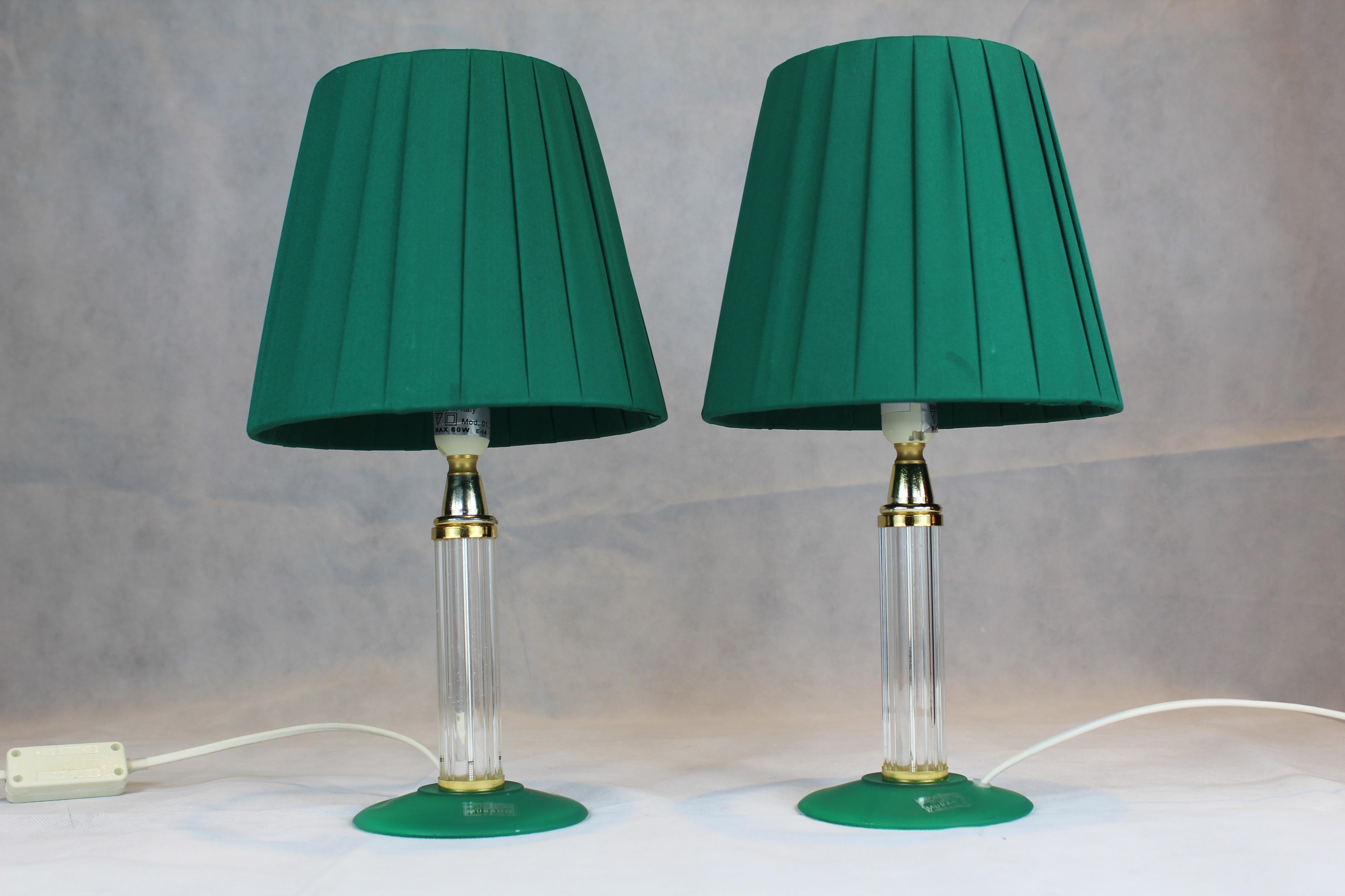 Italian Venetian pair of table lamps, Murano glass, brass and green lampshade
