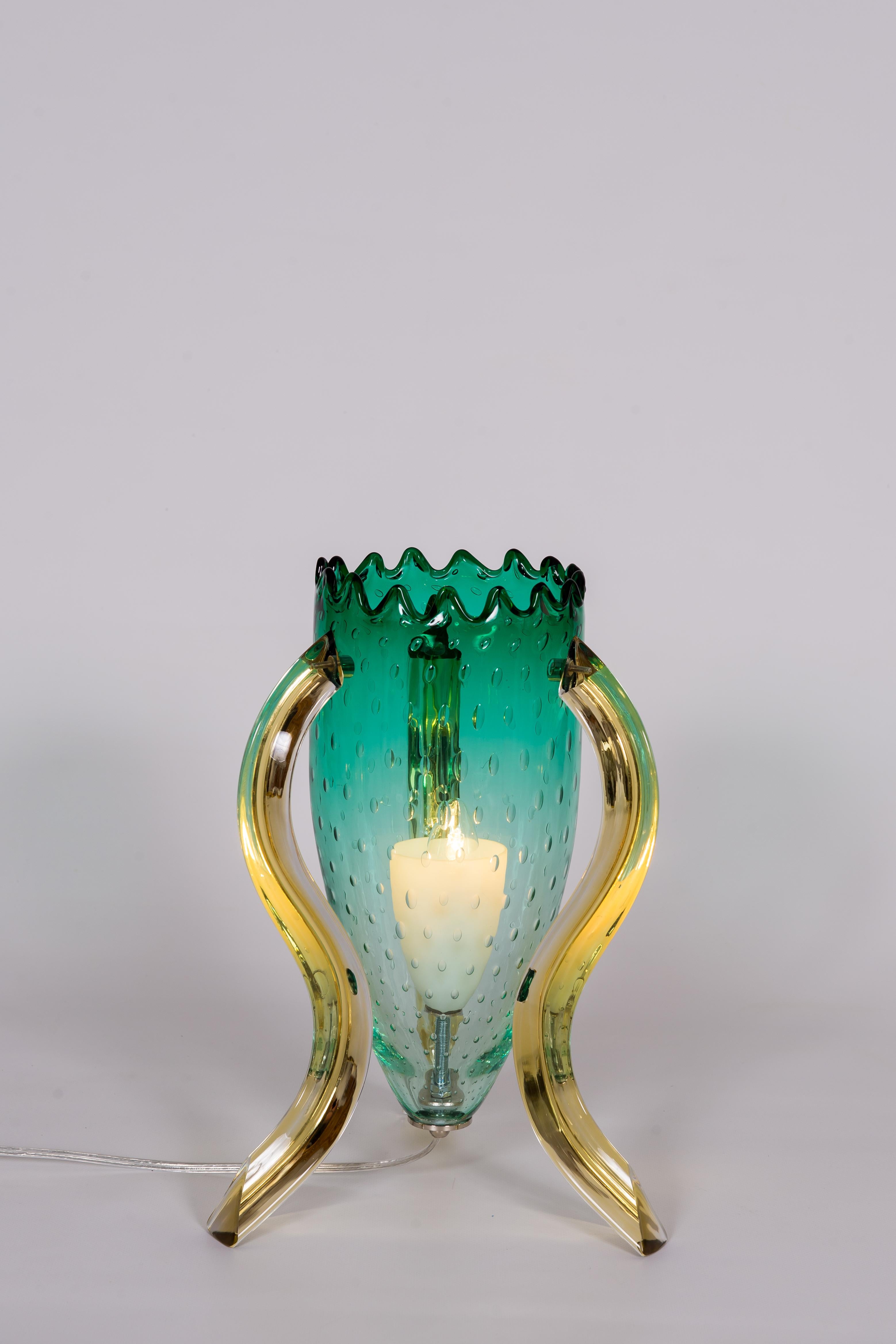 Italian Pair of Table Lamps in Blown Murano Glass Green and Amber limited, 1990s 8