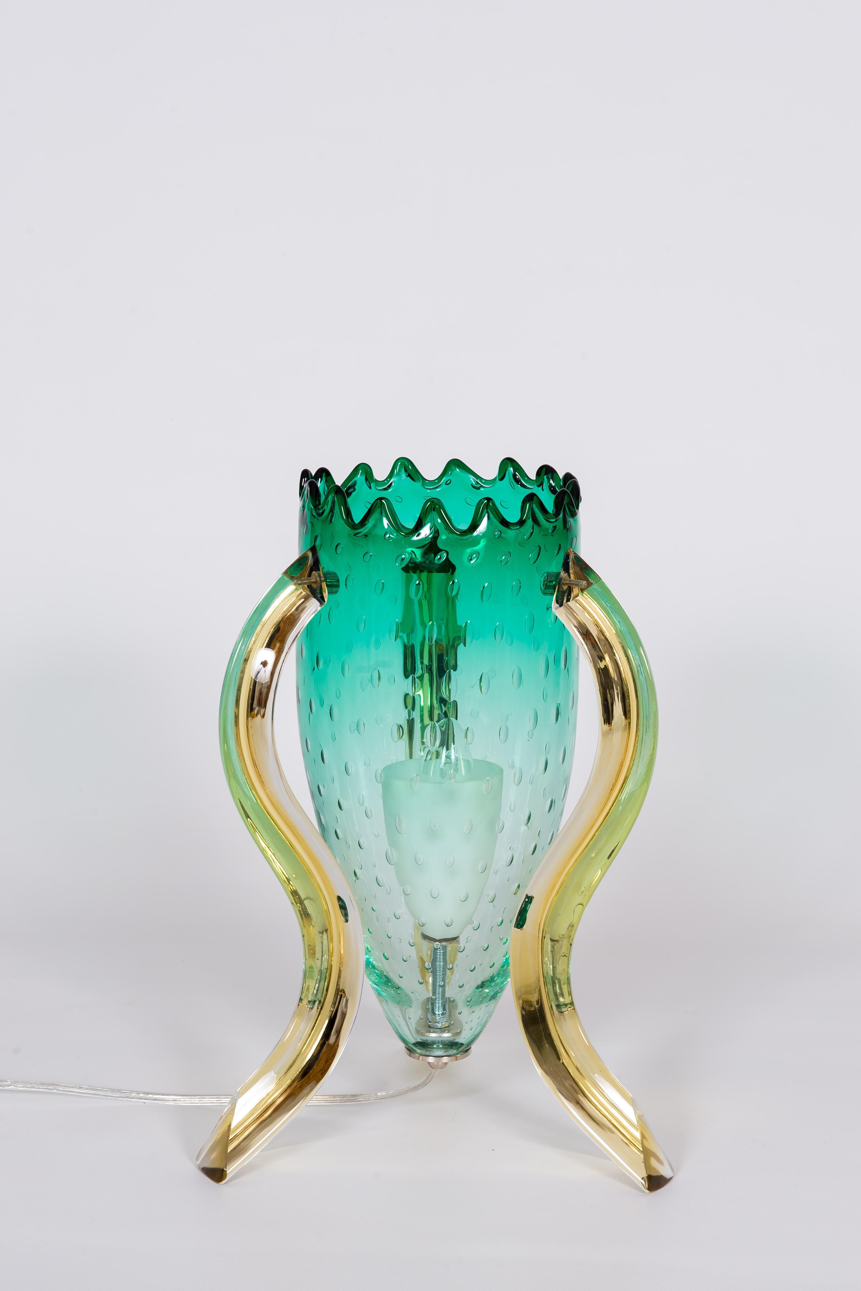 Italian Pair of Table Lamps in Blown Murano Glass Green and Amber limited, 1990s (Art déco)