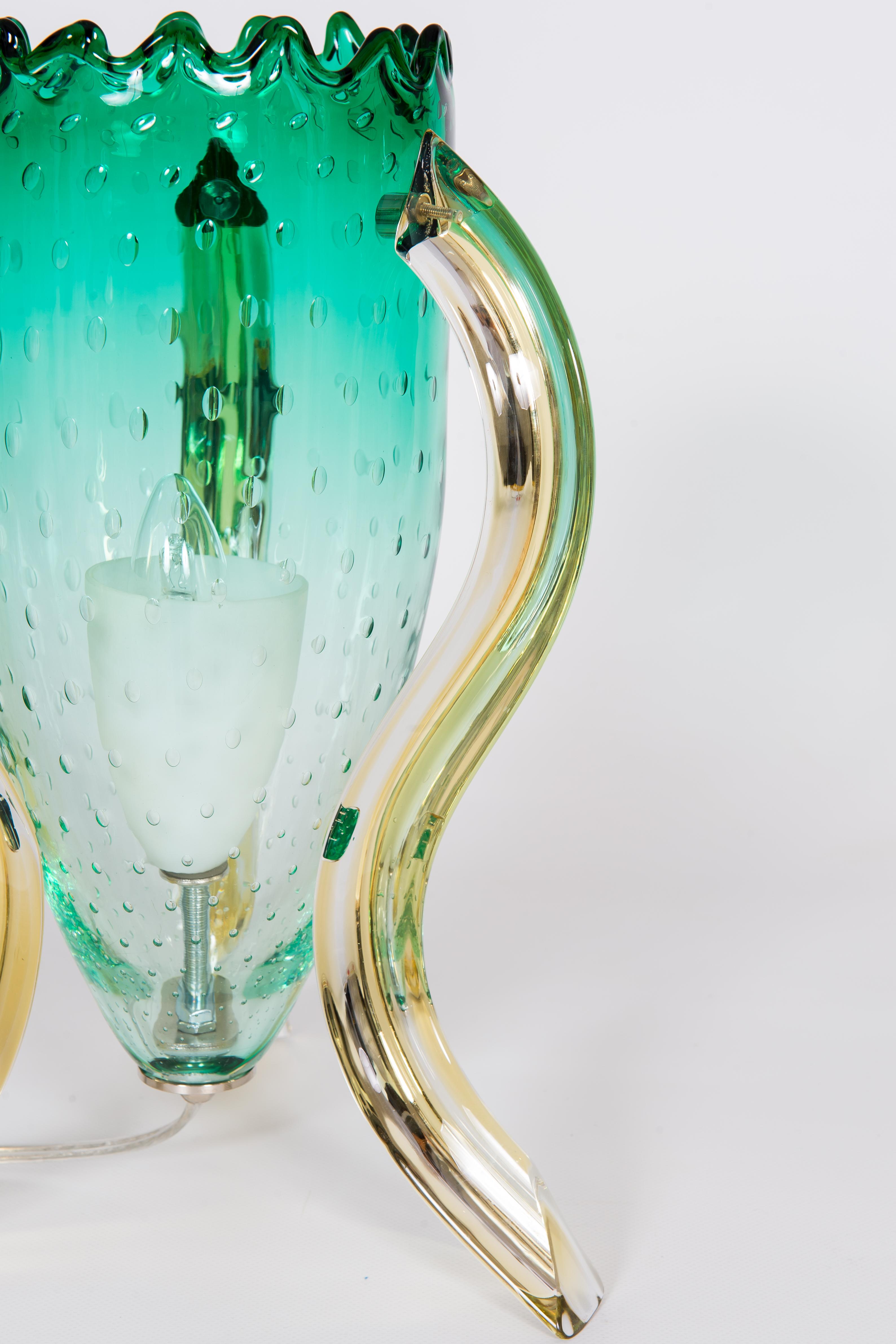 Italian Pair of Table Lamps in Blown Murano Glass Green and Amber limited, 1990s 2