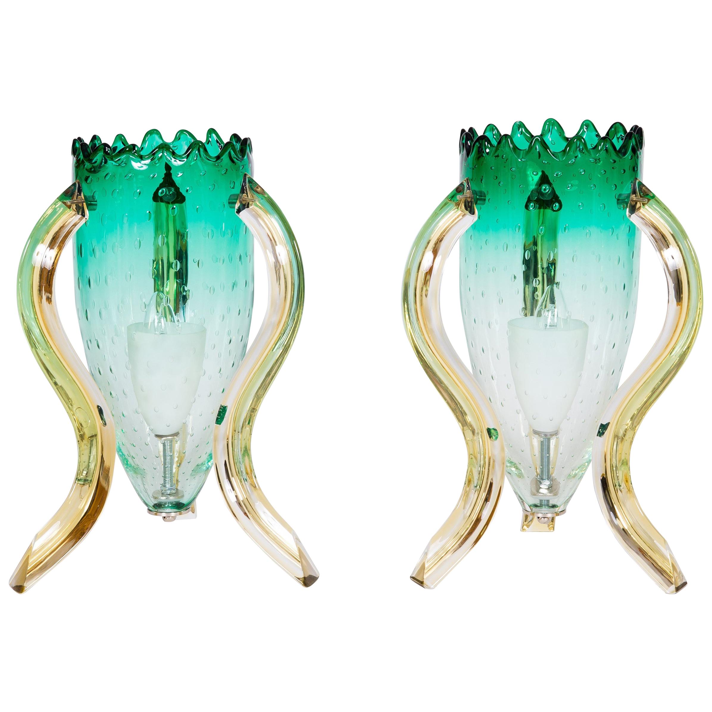Italian Pair of Table Lamps in Blown Murano Glass Green and Amber limited, 1990s