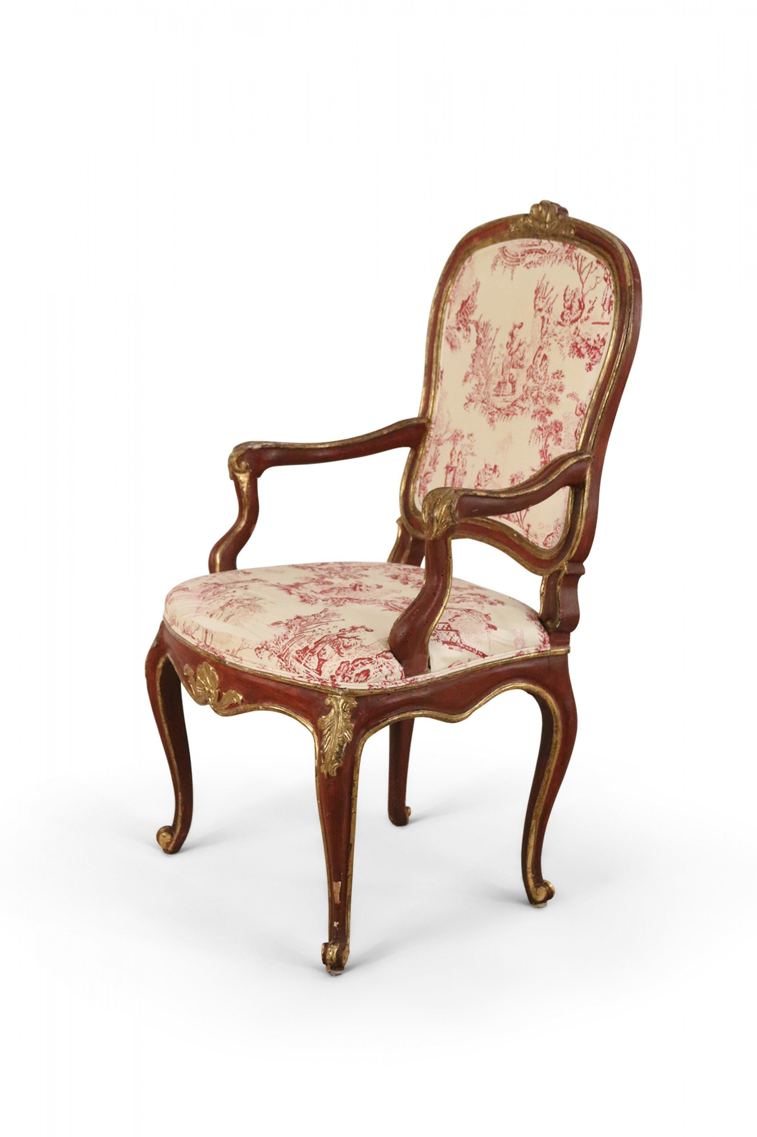 3 Italian Venetian (18th century) armchairs with red painted wooden frames with carved giltwood embellishments and beige and pink toile-patterned upholstered seat backs and seat cushions. (Priced Each).