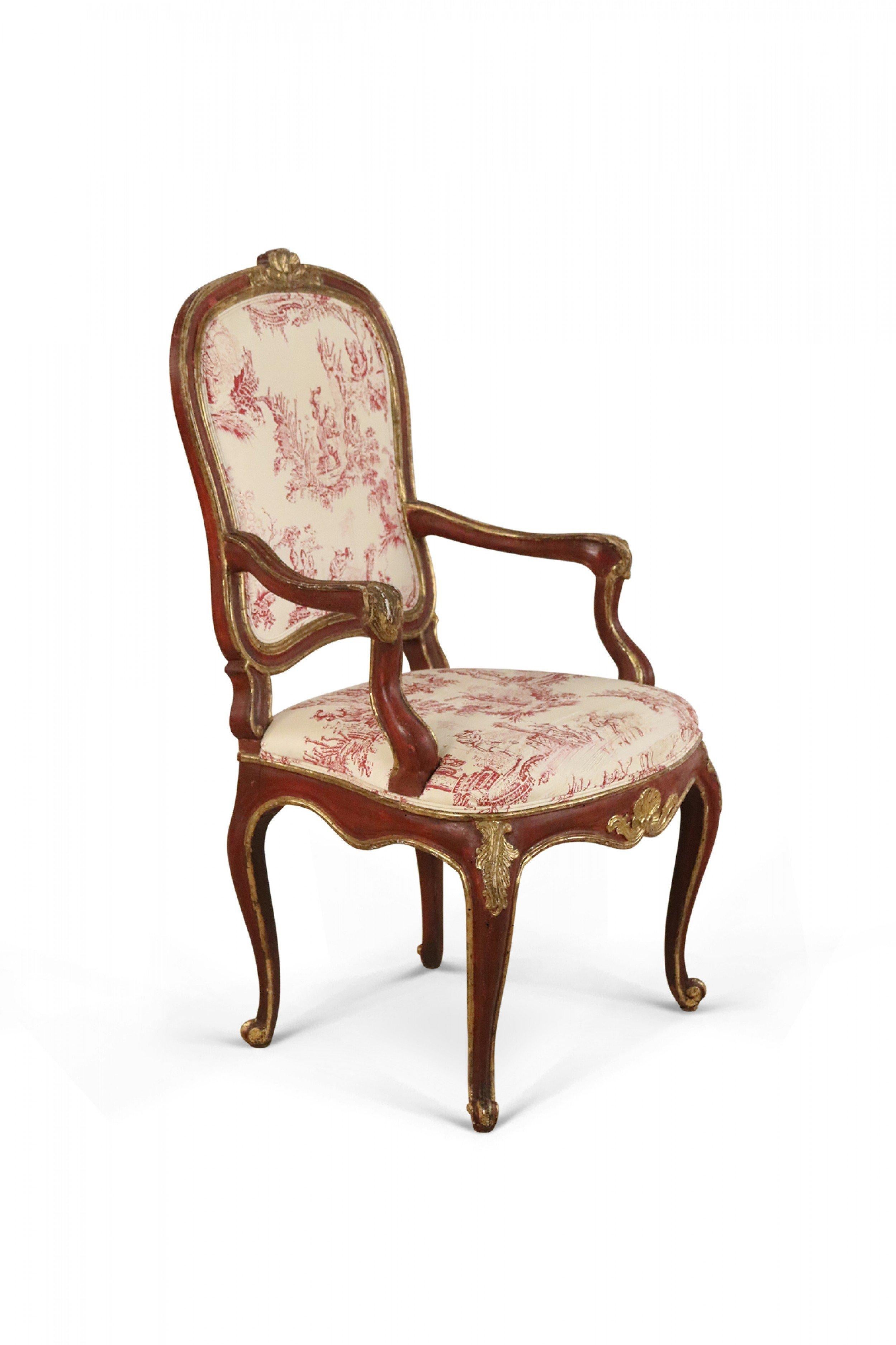Rococo Italian Venetian Red Frame Toile Pattern Upholstered Armchairs For Sale