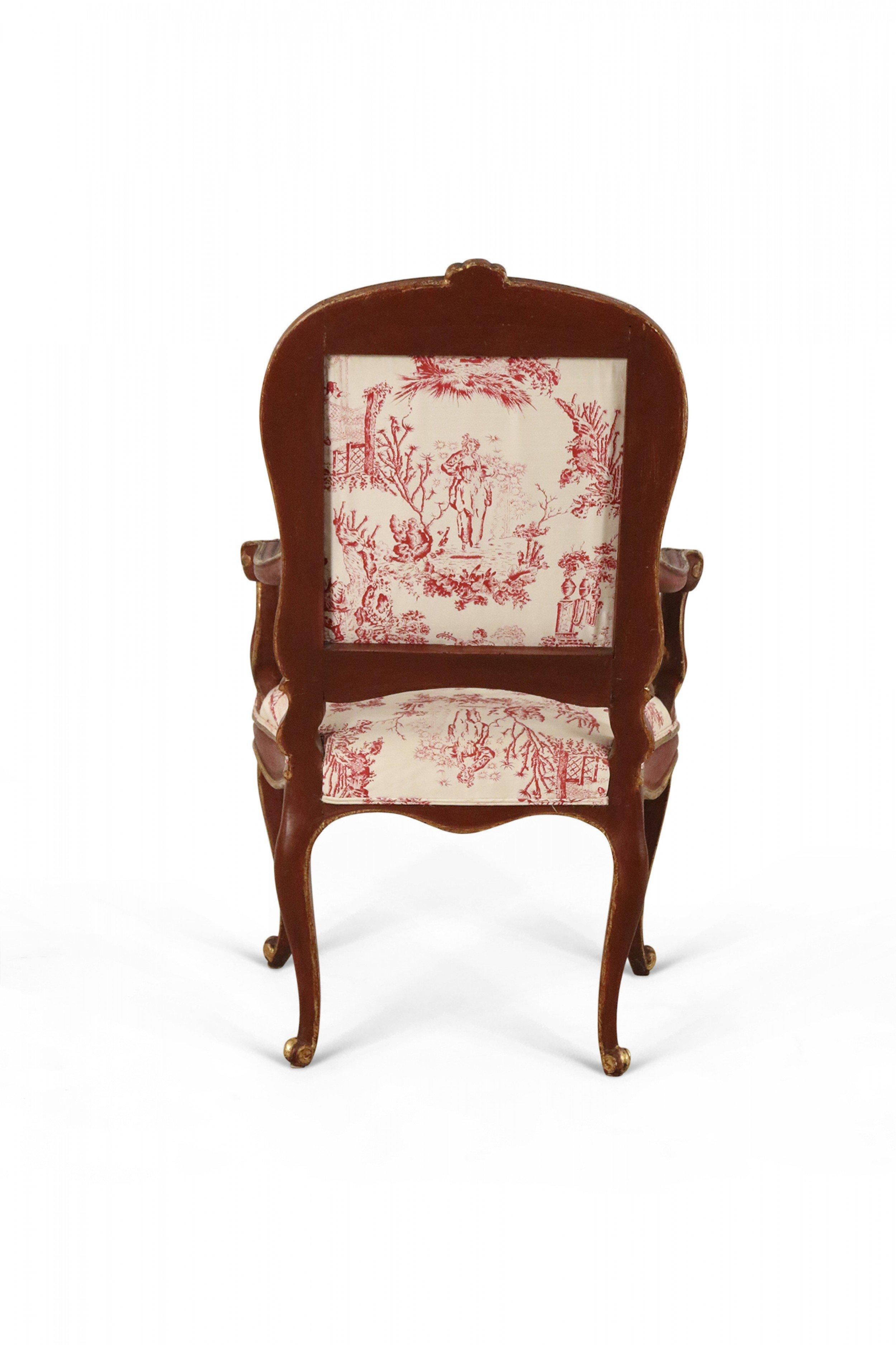 Italian Venetian Red Frame Toile Pattern Upholstered Armchairs In Good Condition For Sale In New York, NY