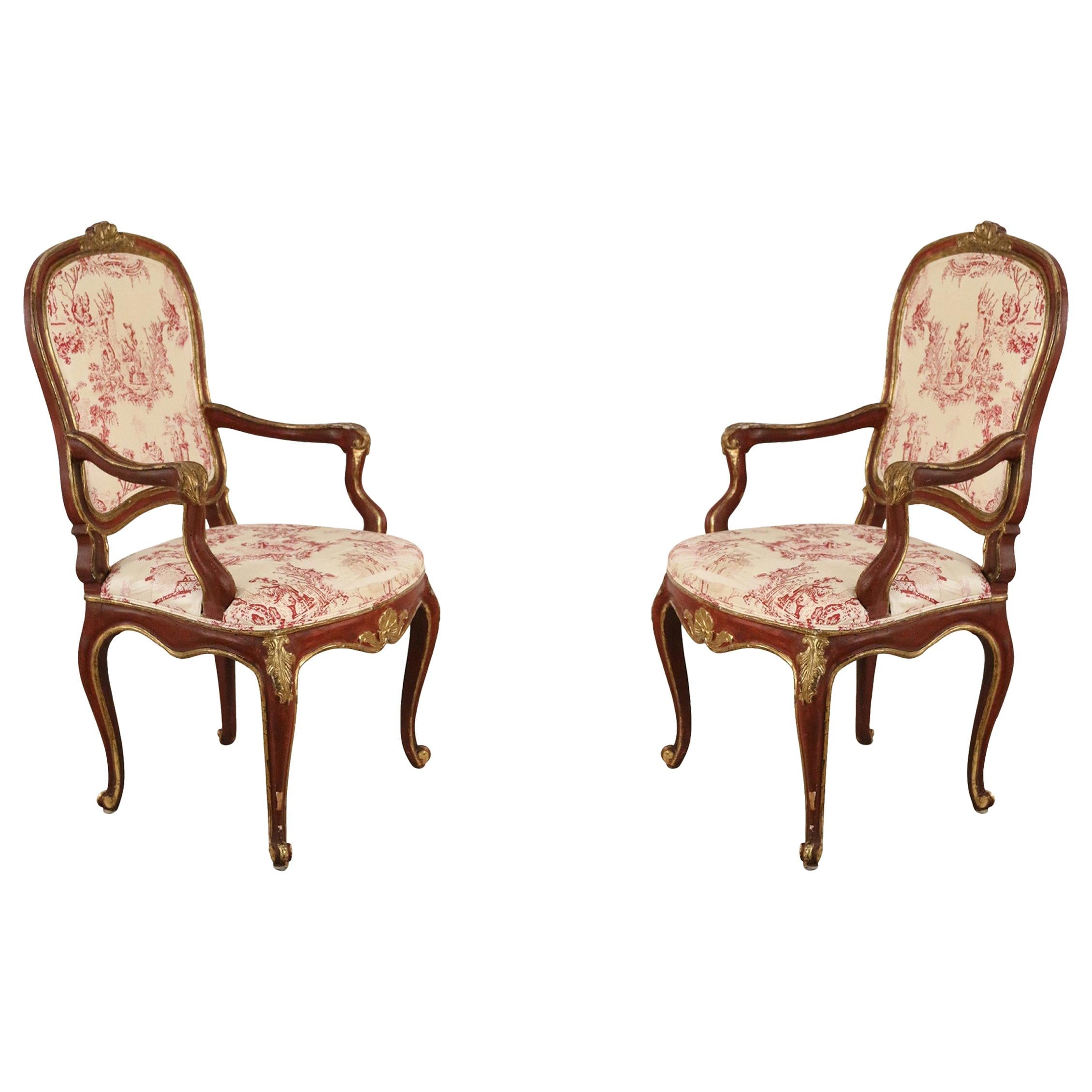 Italian Venetian Red Frame Toile Pattern Upholstered Armchairs For Sale