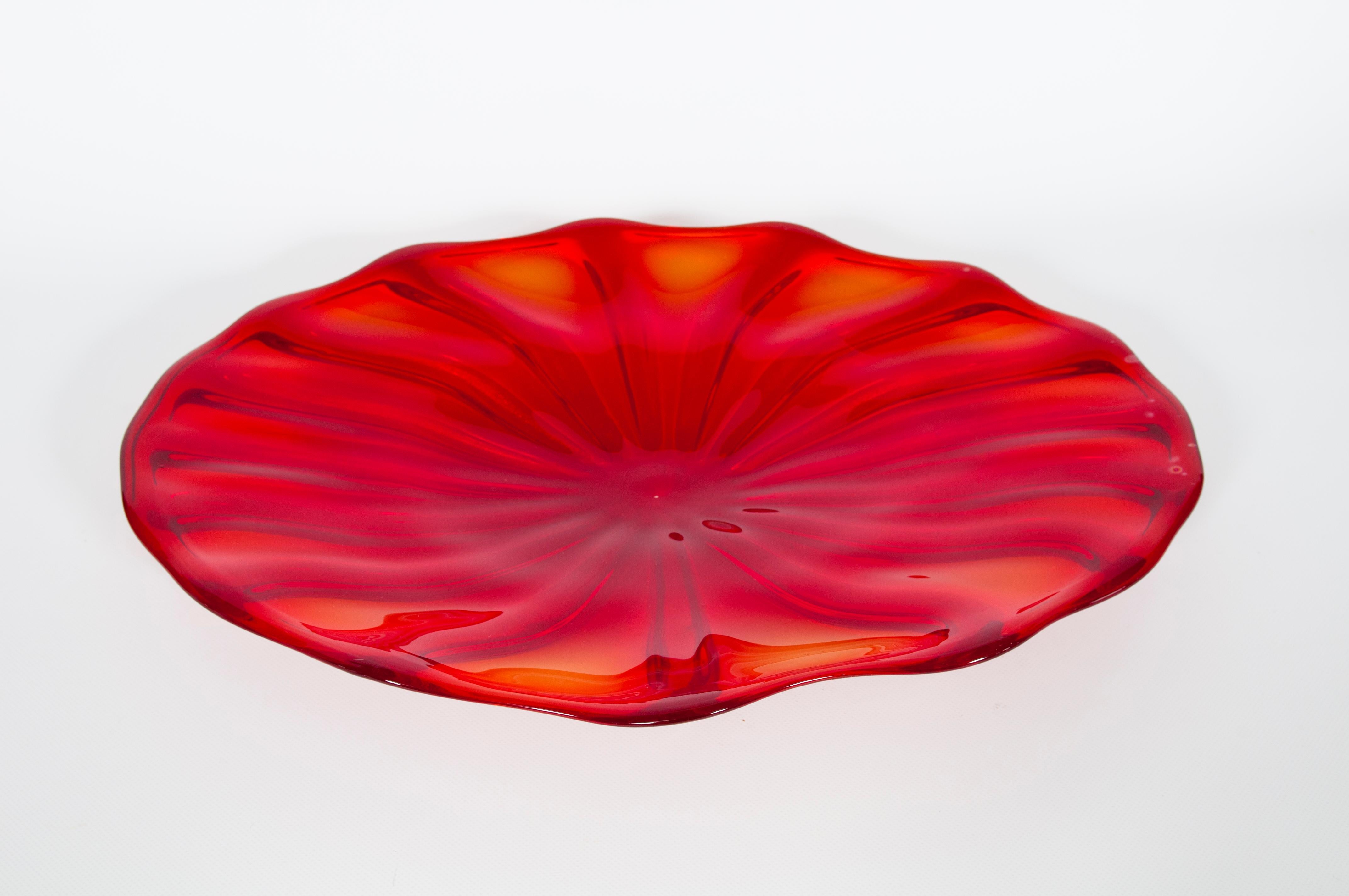 Hand-Crafted Italian Venetian Red Murano Glass Centerpiece with Submerged Gold, 2000s For Sale