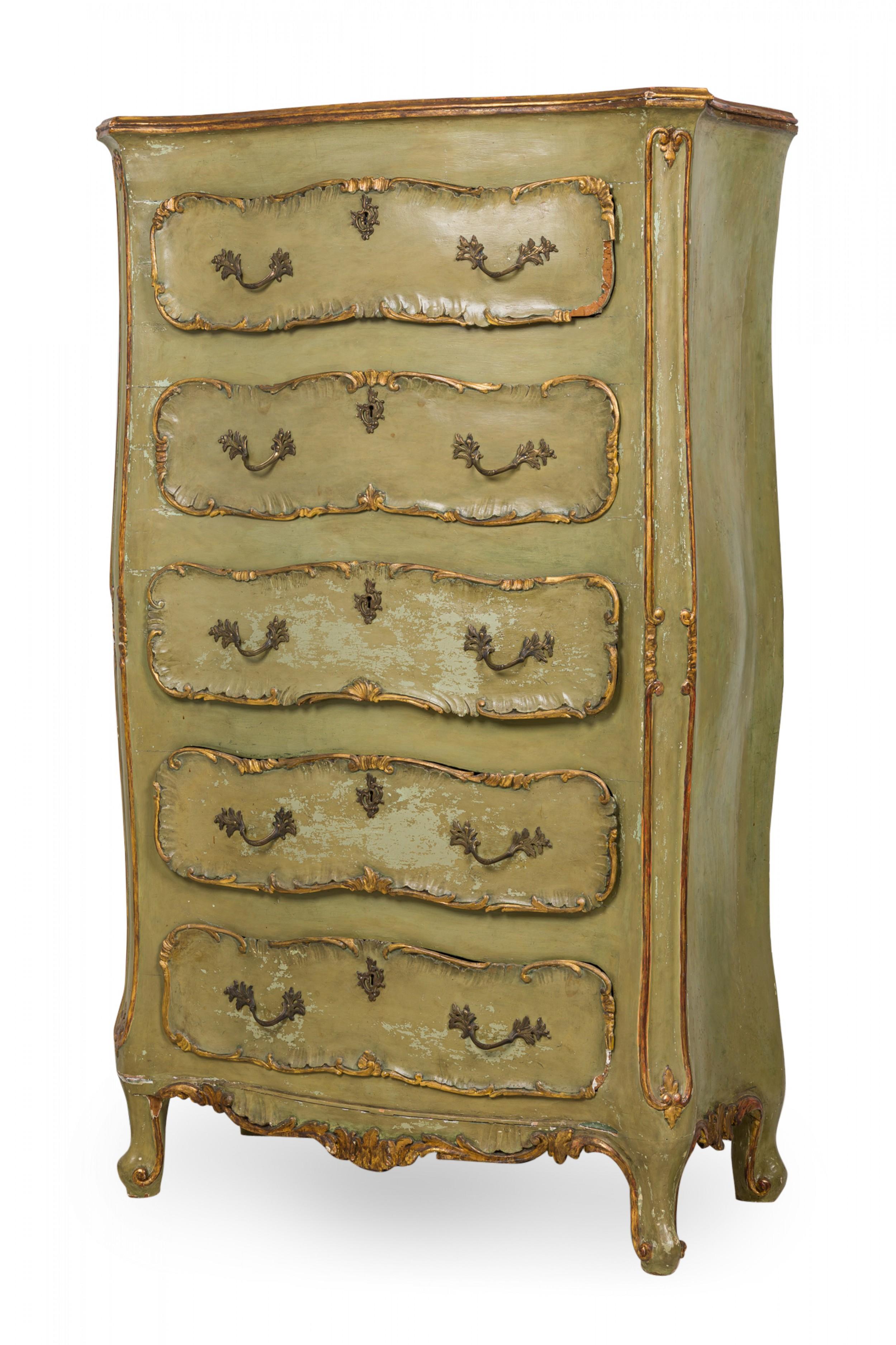 Italian Venetian Rococo-style (18th Century) serpentine semainier / dresser having 5 drawers with carved gilt trim and bronze drawer pulls, parcel-gilt and painted in a light green, resting on four carved feet.