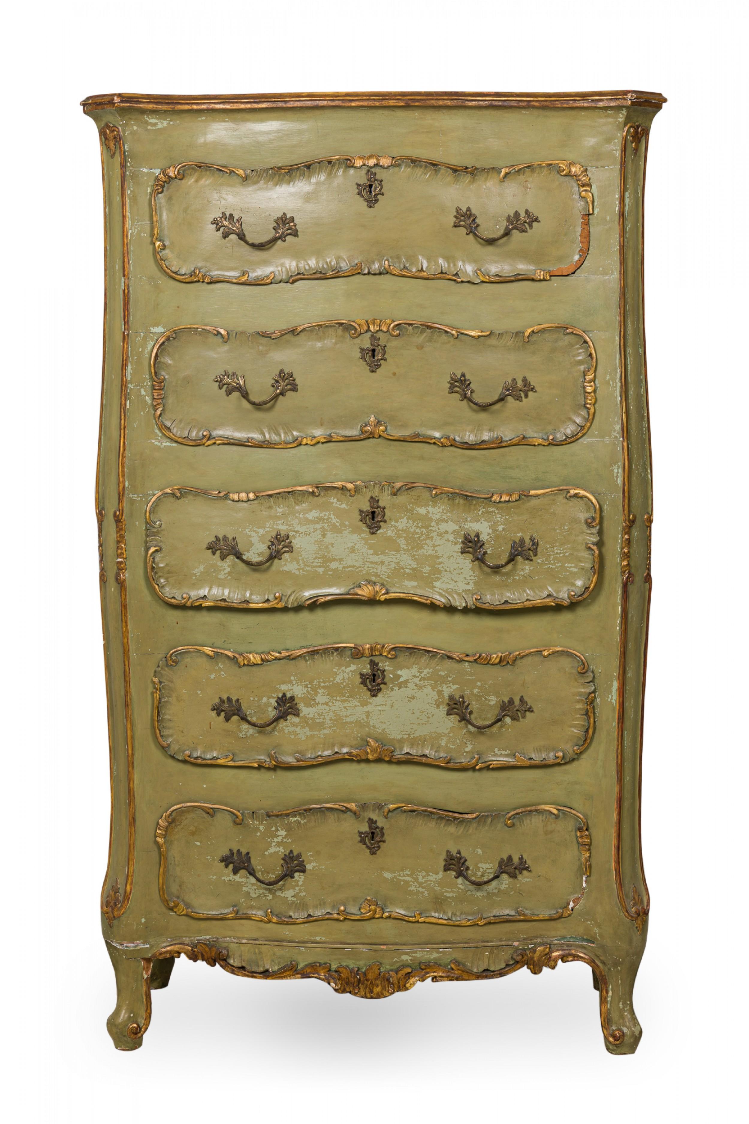 Italian Venetian/Rococo Green Painted & Parcel Gilt 5 Drawer Semainier/Dresser For Sale