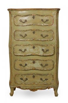 Semainier/Dresser italien vénitien/rococo à 5 tiroirs peint en vert et partiellement doré