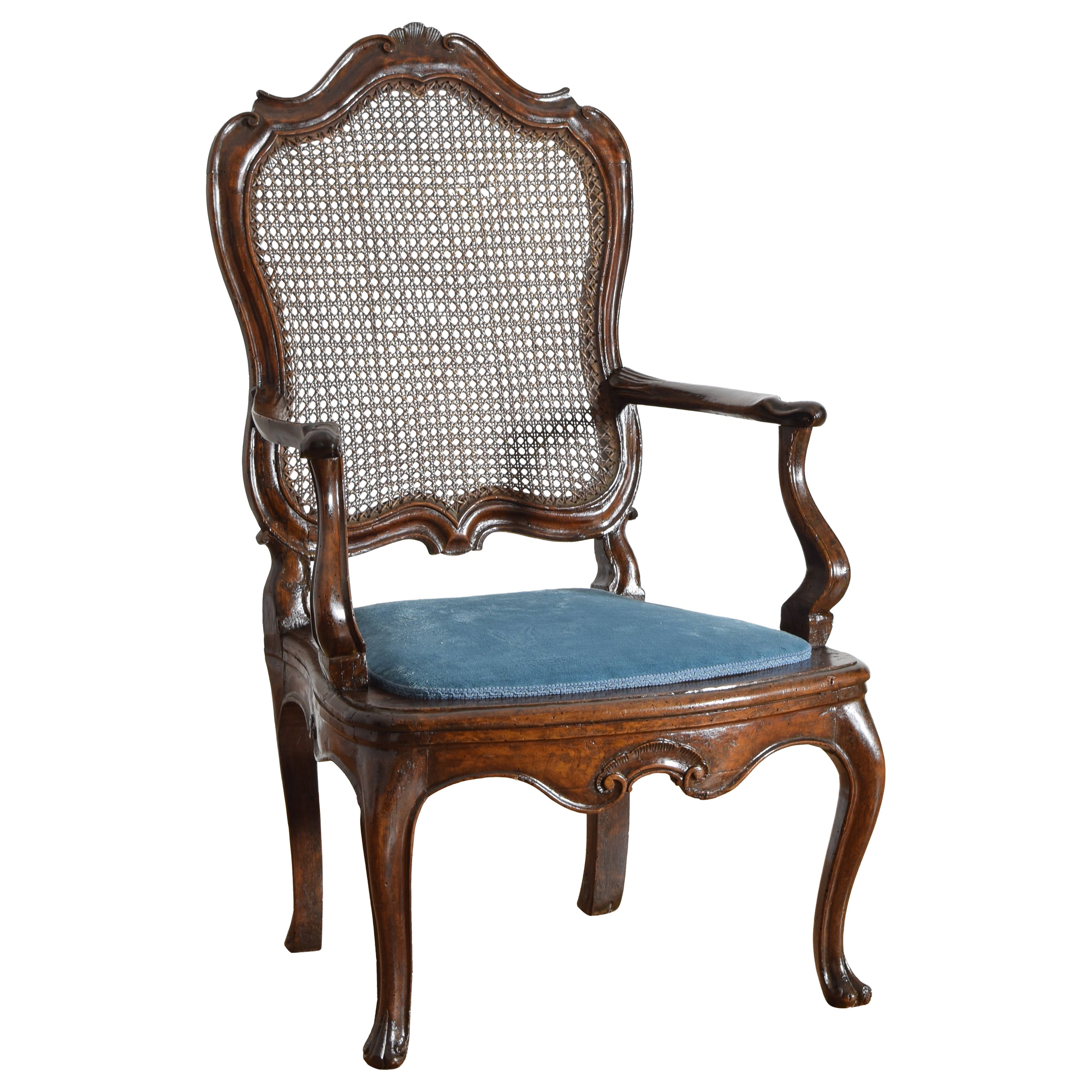 Italian, Venetian, Rococo Period Walnut and Caned Armchair, Mid-18th Century