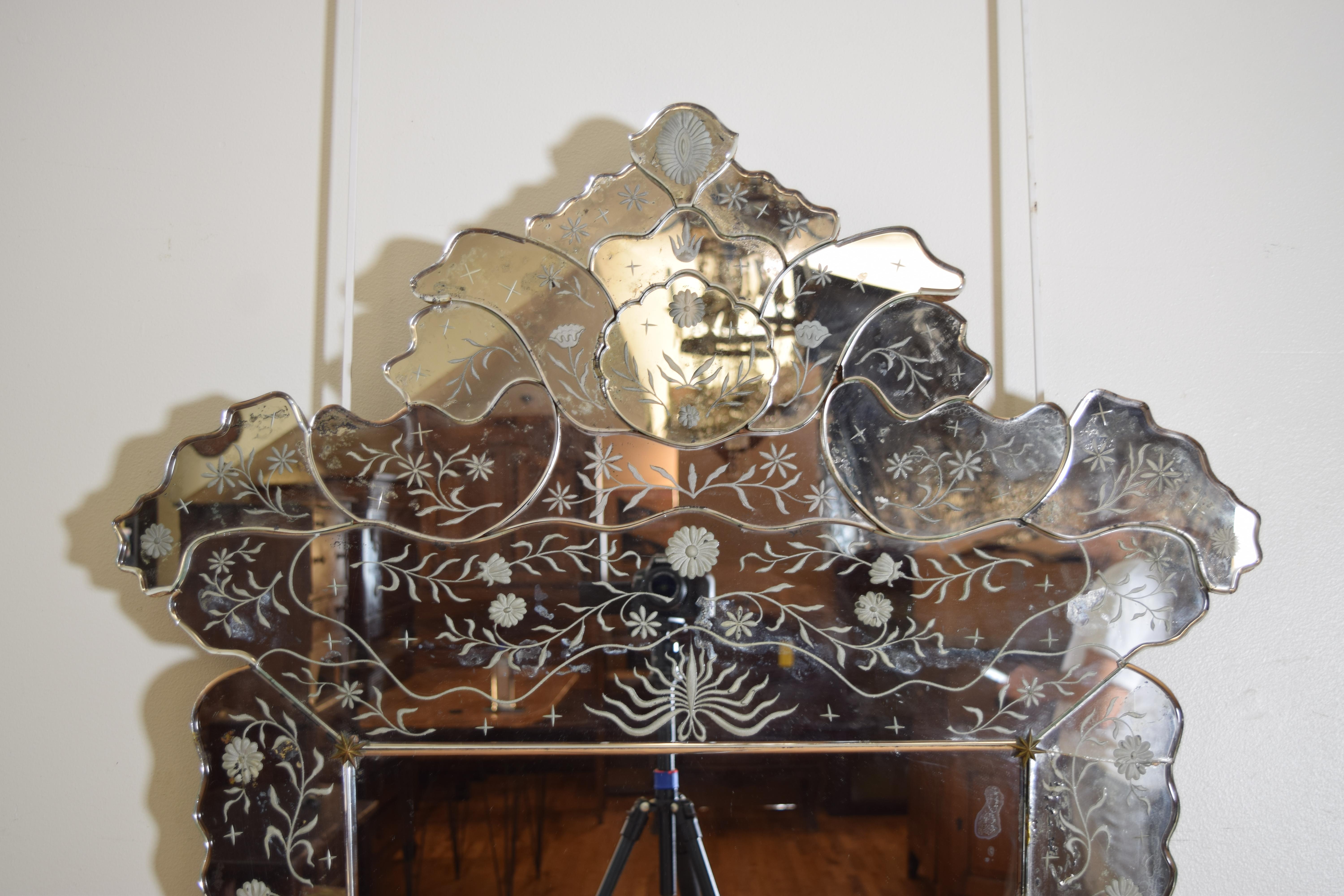 19th Century Italian, Venetian Rococo Style Etched & Beveled Glass Mirror, last quarter 19thc