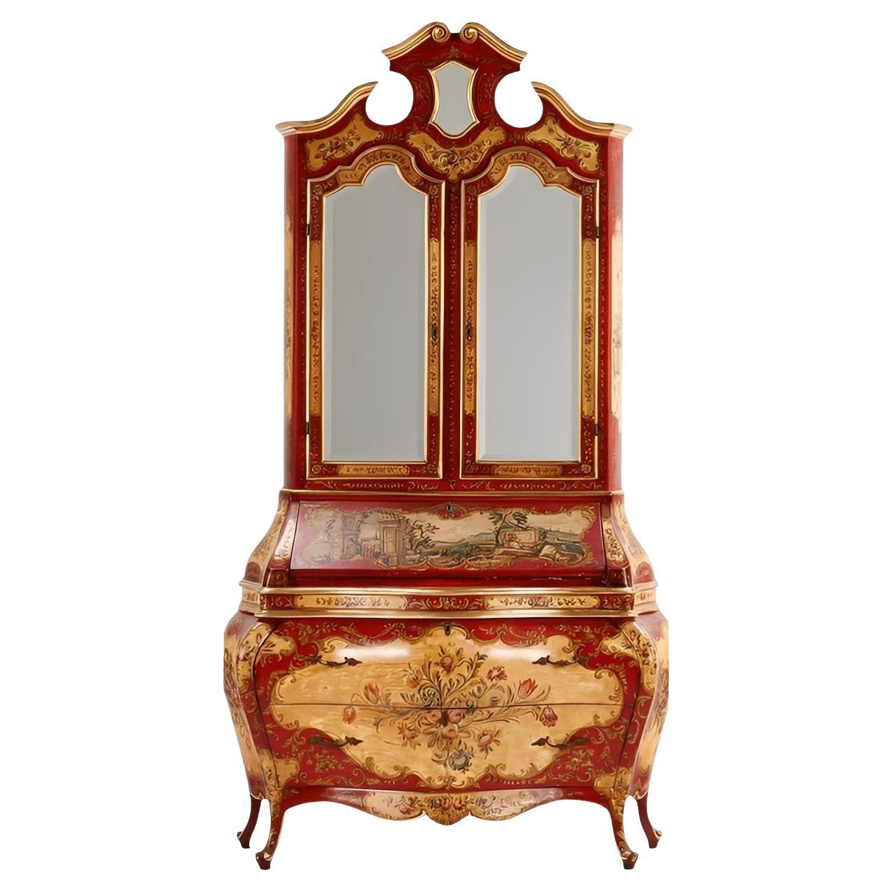 Italian Venetian Rococo-Style Painted Secretary Cabinet-Mirrored Doors, c. 1930s For Sale