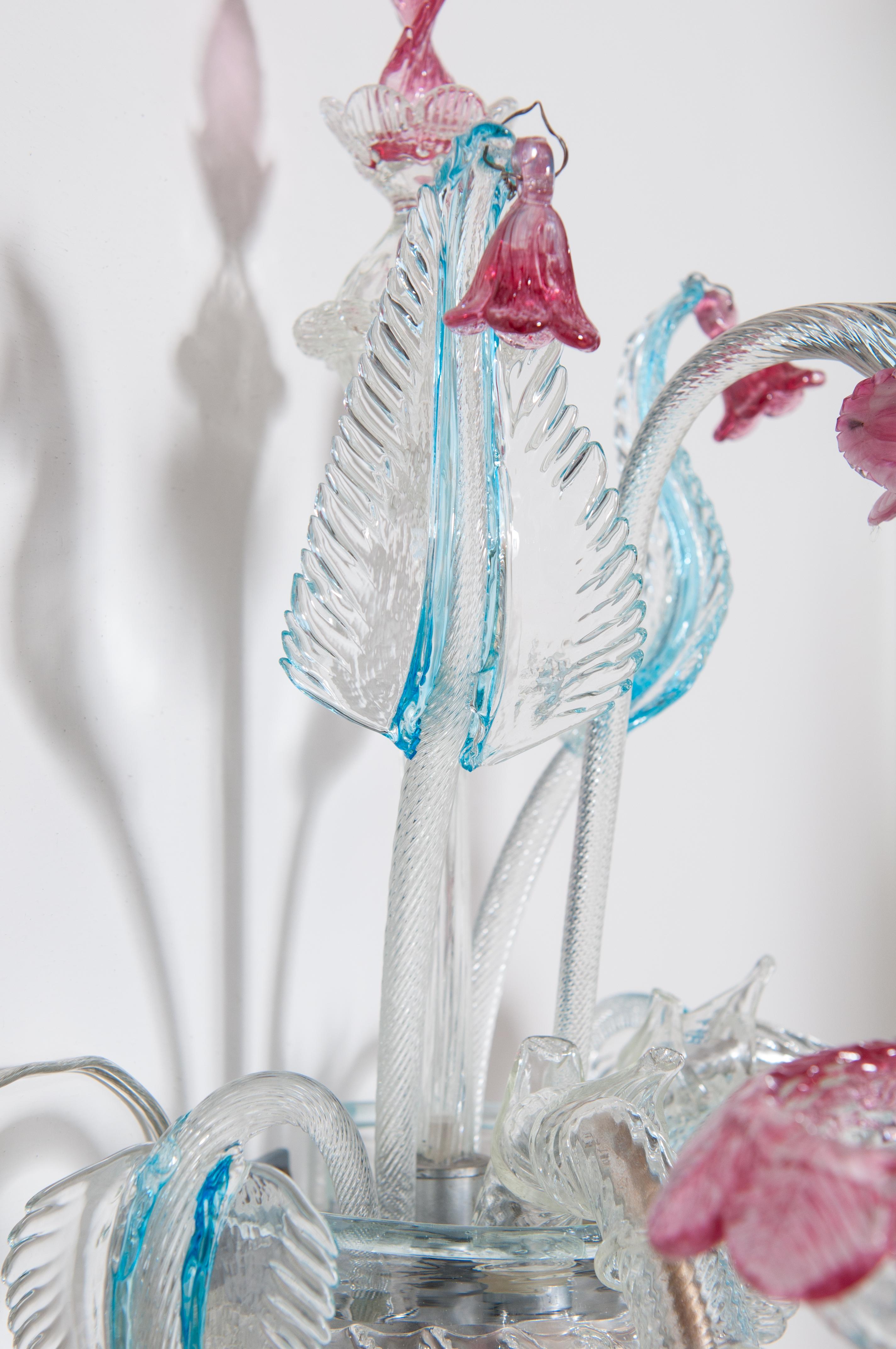 Single Sconce in Blown Murano Glass Pink and Light Blue Rezzonico 1980s Italy For Sale 5