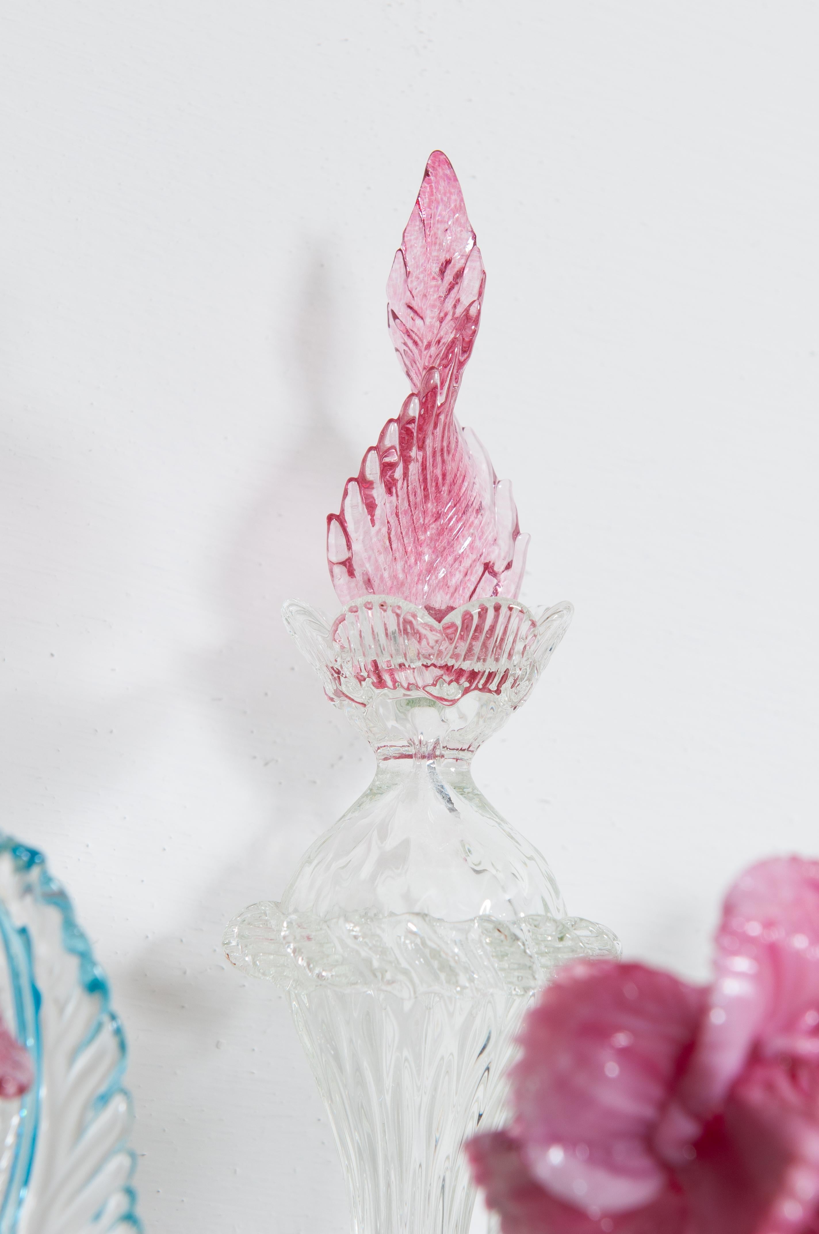 Single Sconce in Blown Murano Glass Pink and Light Blue Rezzonico 1980s Italy For Sale 1