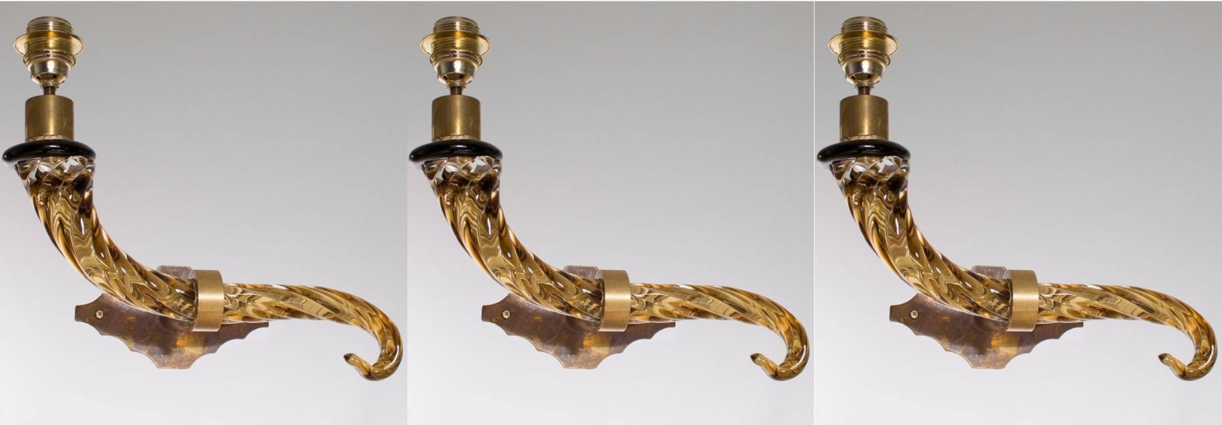 Italian Venetian Sconces, in Blown Murano Glass, Amber and Brass, 1950s 3