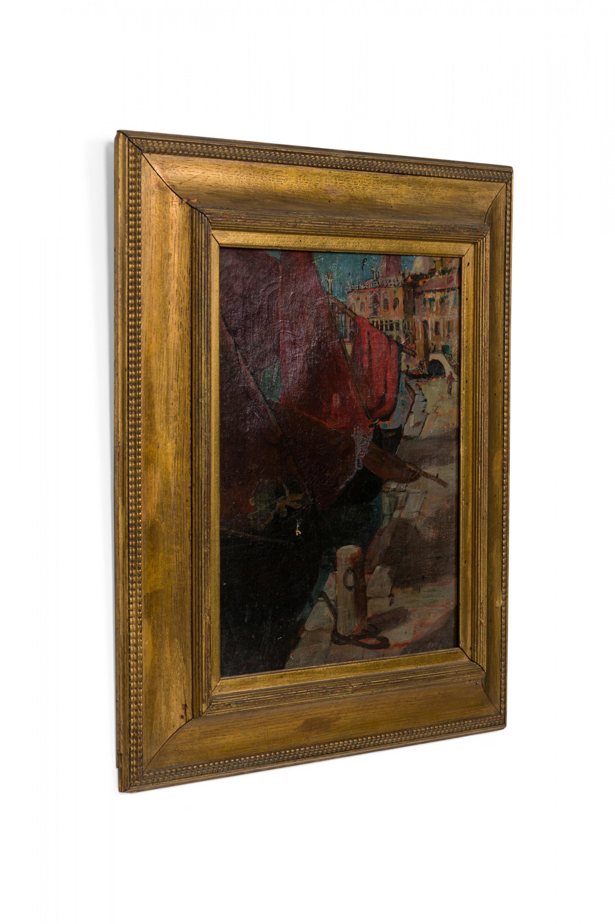 Italian Venetian (19/20th Cent) gilt framed oil seascape painting of canal with red sailboat