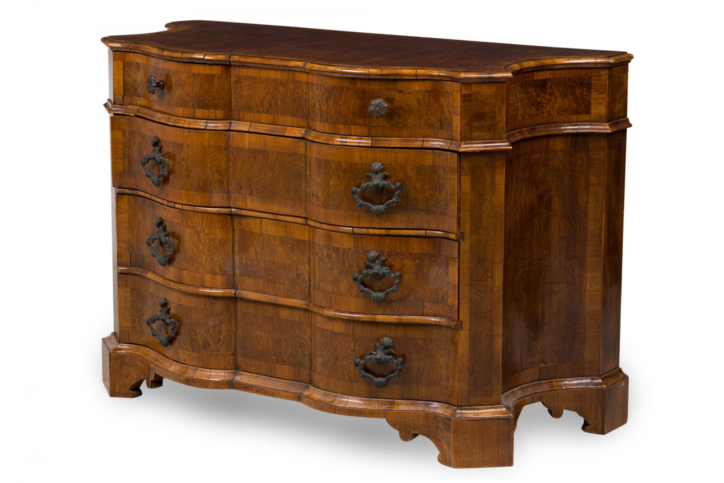 Italian Venetian (18th century) olive wood chest with a serpentine front and shaped top, containing four drawers with patinated bronze drawer pulls.