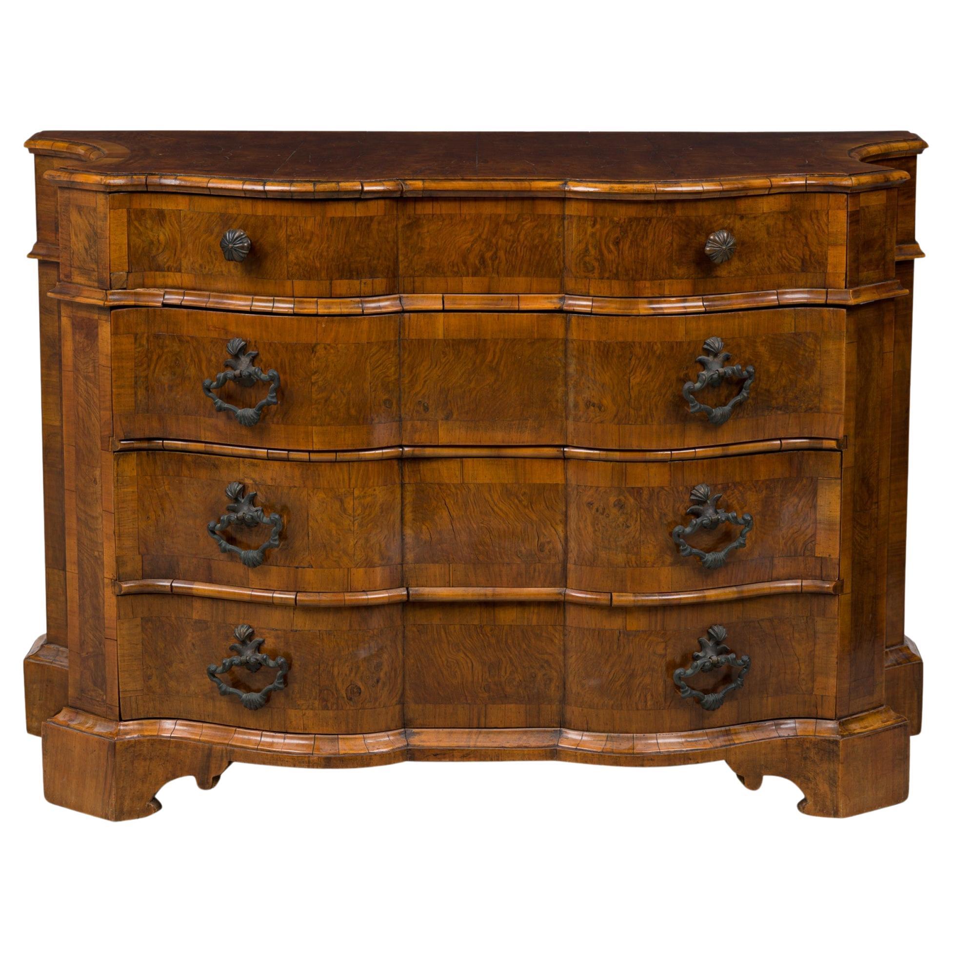 Italian Venetian Serpentine Olivewood & Bronze Mounted 4 Drawer Commode / Chest For Sale