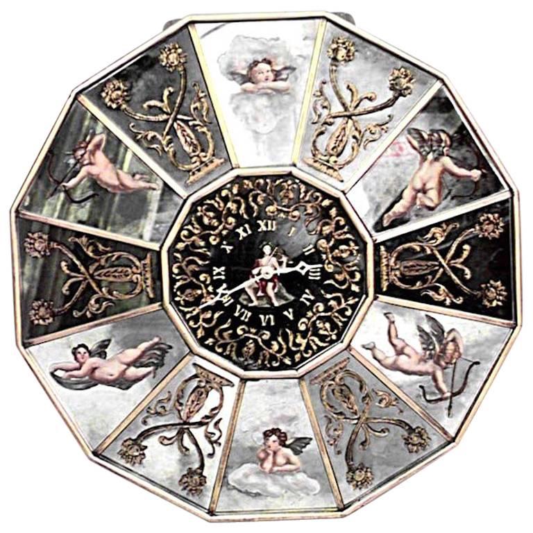 Horloge murale italienne de style vénitien des années 1940, avec miroir et garniture dorée