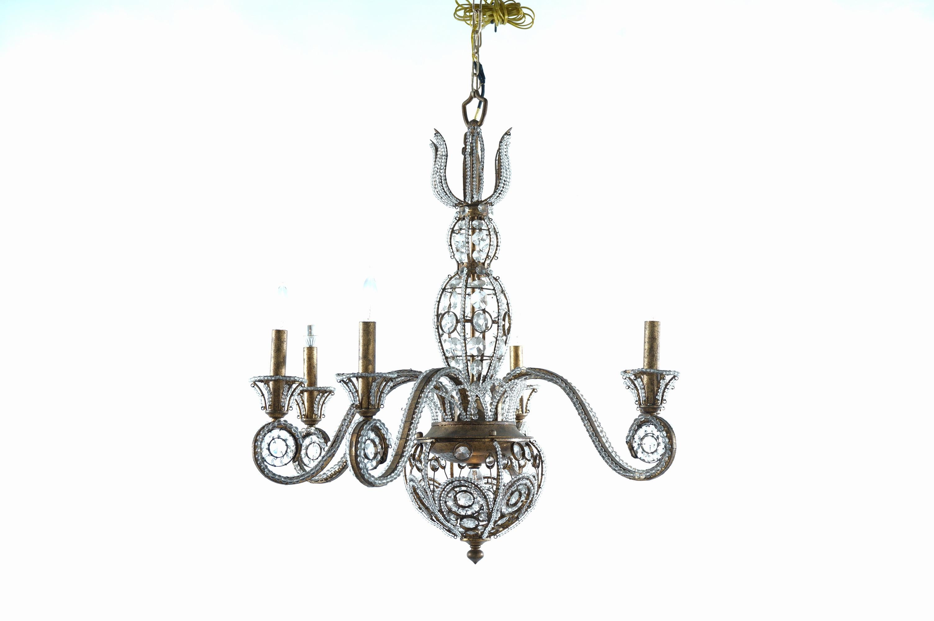 ***Ask About Reduced In-House Shipping Rates - Reliable Service & Fully Insured***An Italian Venetian style chandelier offers gilt  metal frame decorated with strung glass beads and having six scroll arms terminating in candle lights, crystal