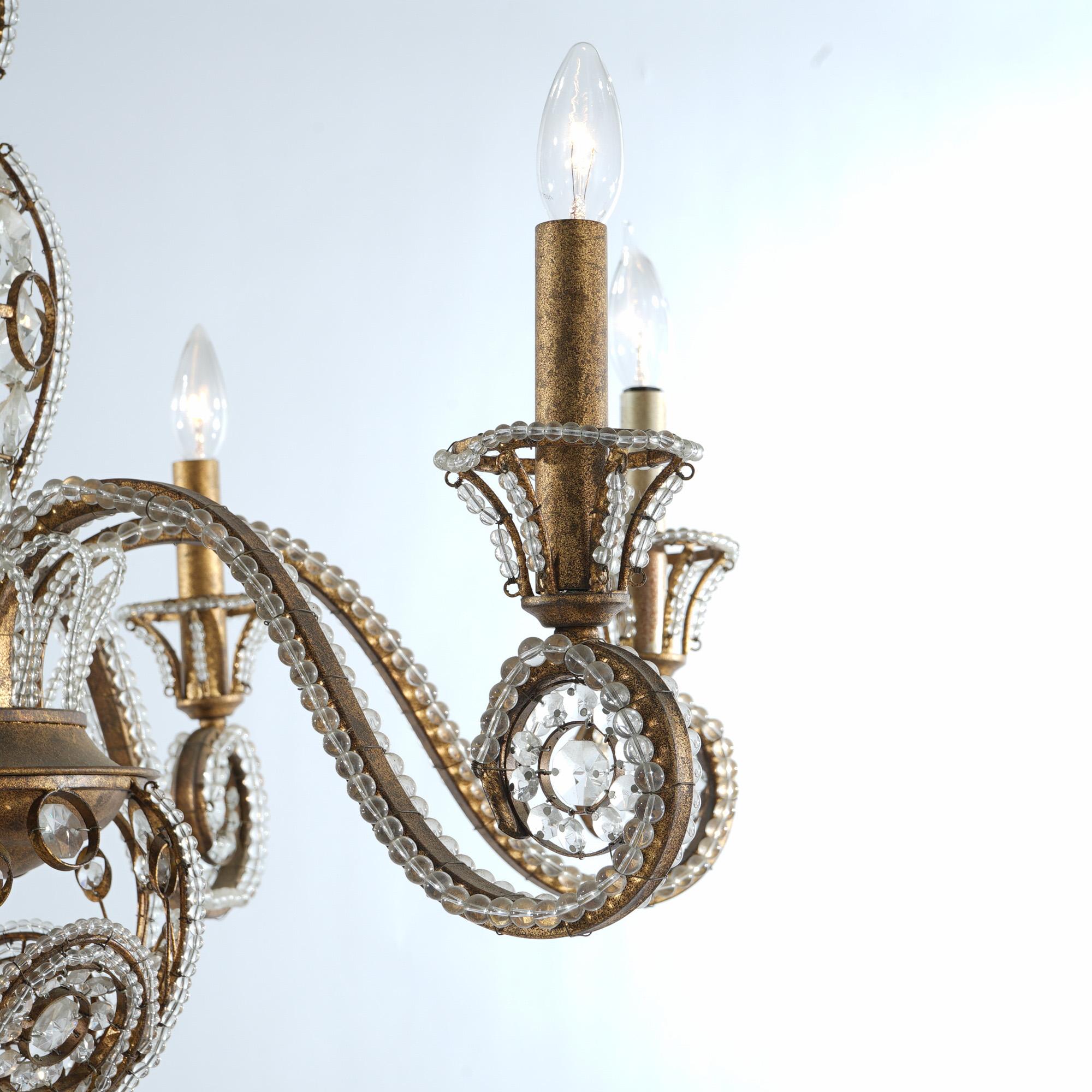 20th Century Italian Venetian Style Cut Crystal, Bead Glass & Gilt Metal Six Light Chandelier For Sale