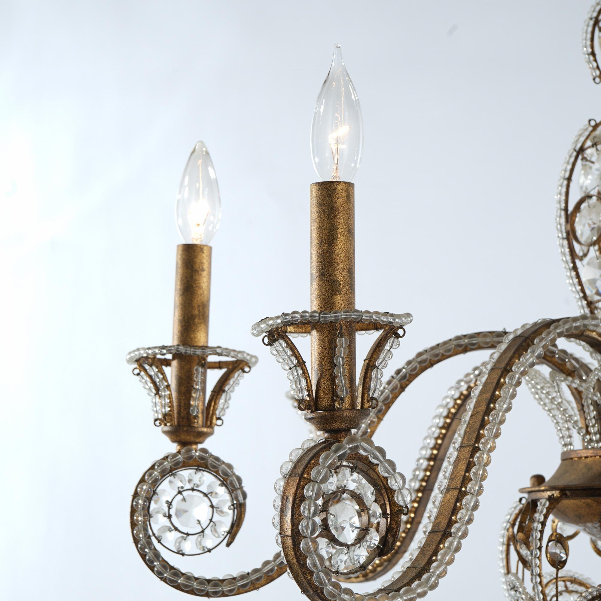 Italian Venetian Style Cut Crystal, Bead Glass & Gilt Metal Six Light Chandelier For Sale 1