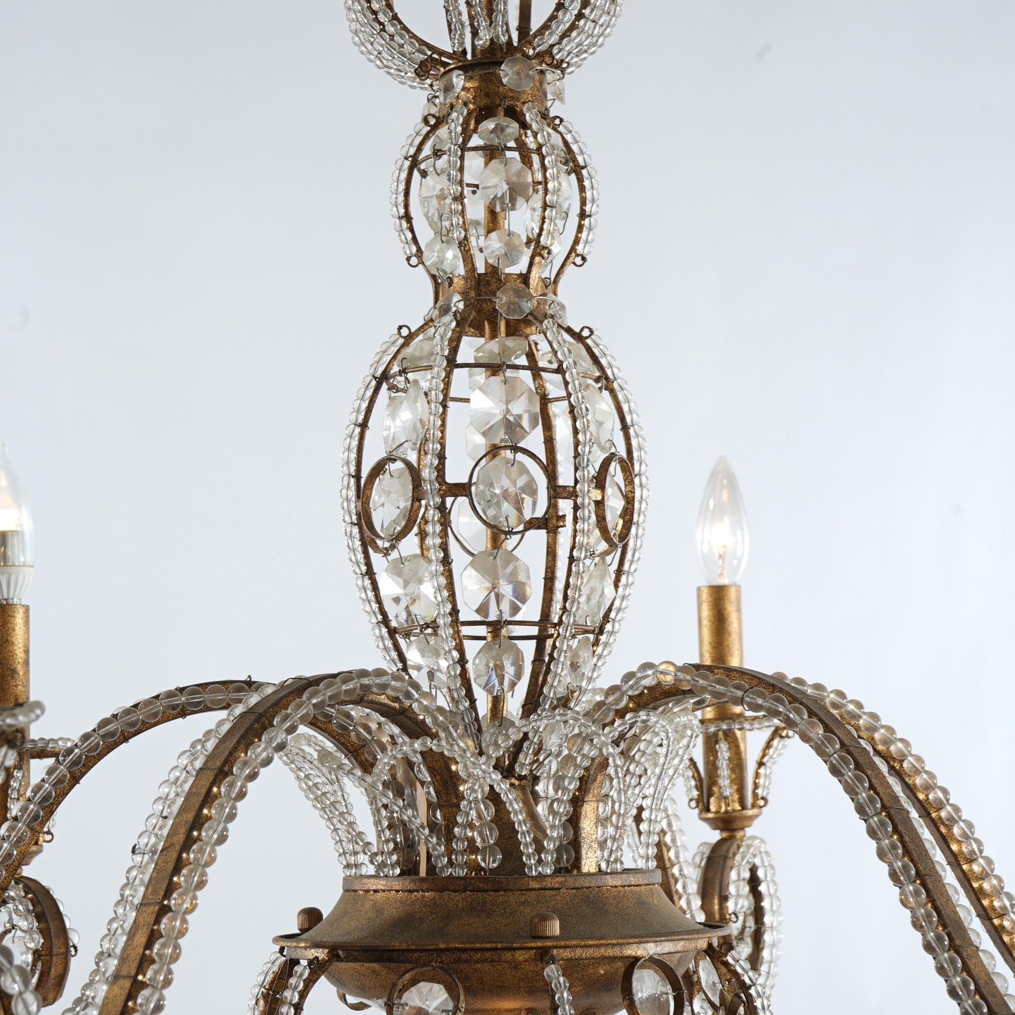 Italian Venetian Style Cut Crystal, Bead Glass & Gilt Metal Six Light Chandelier For Sale 2