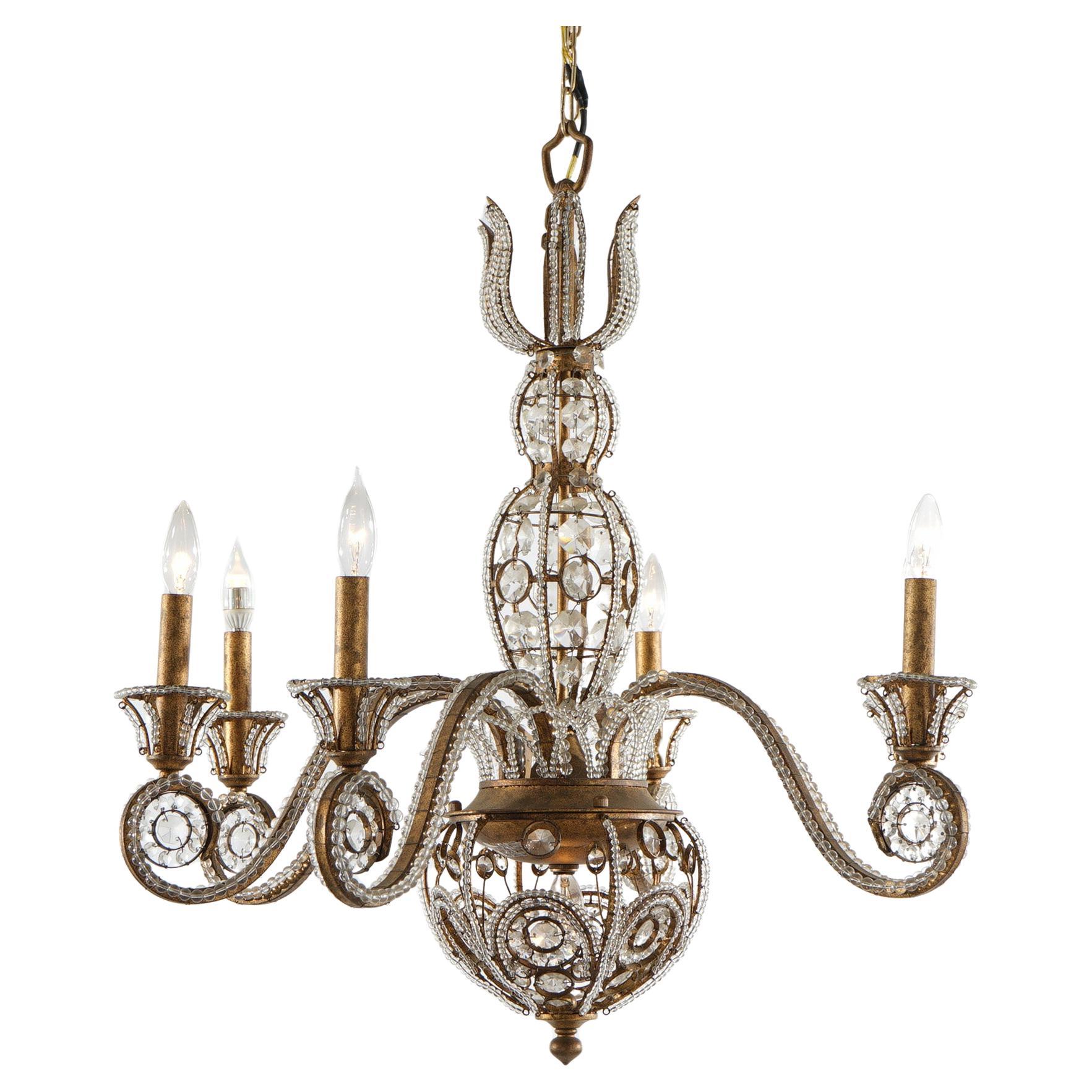 Italian Venetian Style Cut Crystal, Bead Glass & Gilt Metal Six Light Chandelier For Sale