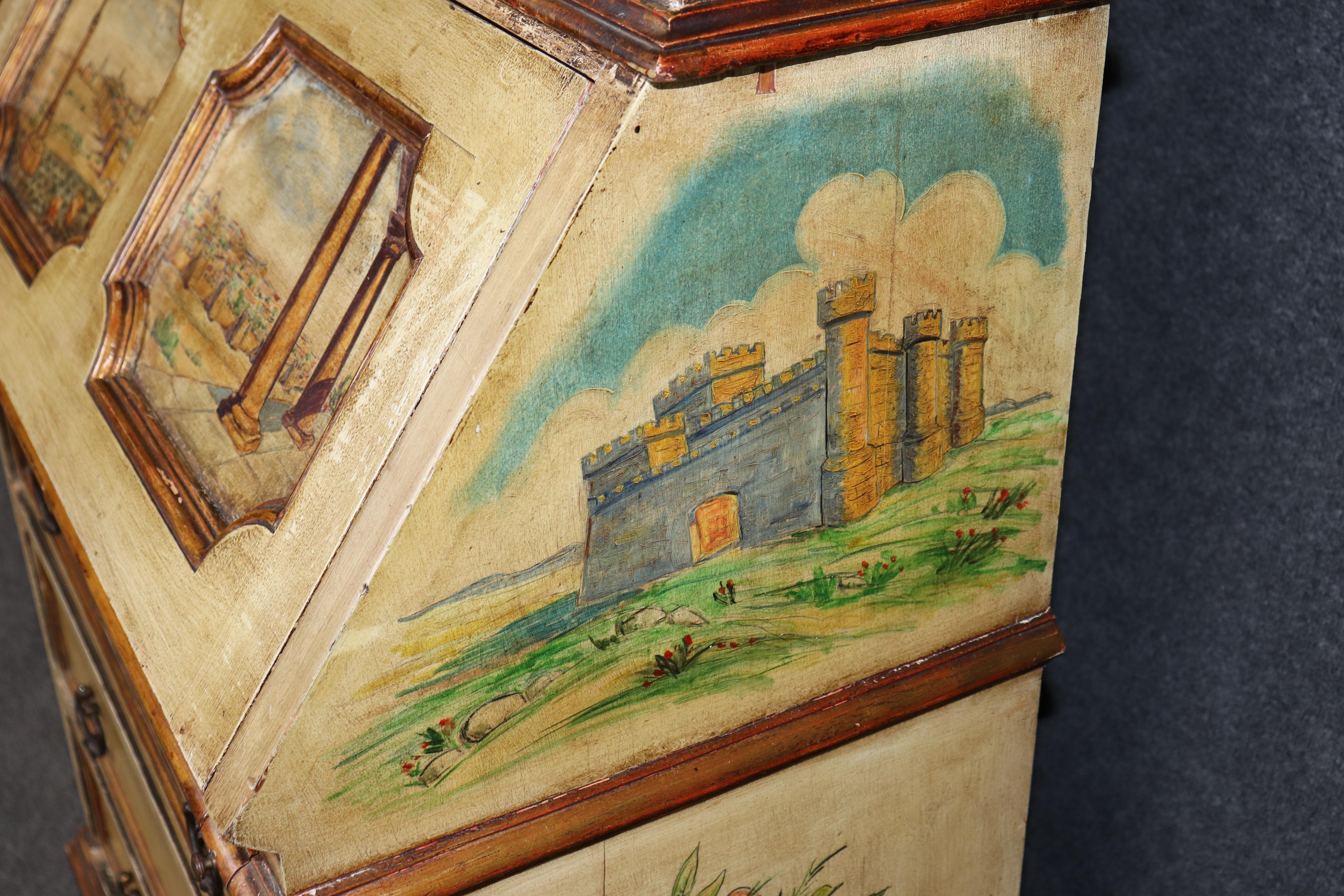 Italian Venetian Style Distressed Paint Decorated Secretary Desk C. 1950's For Sale 12