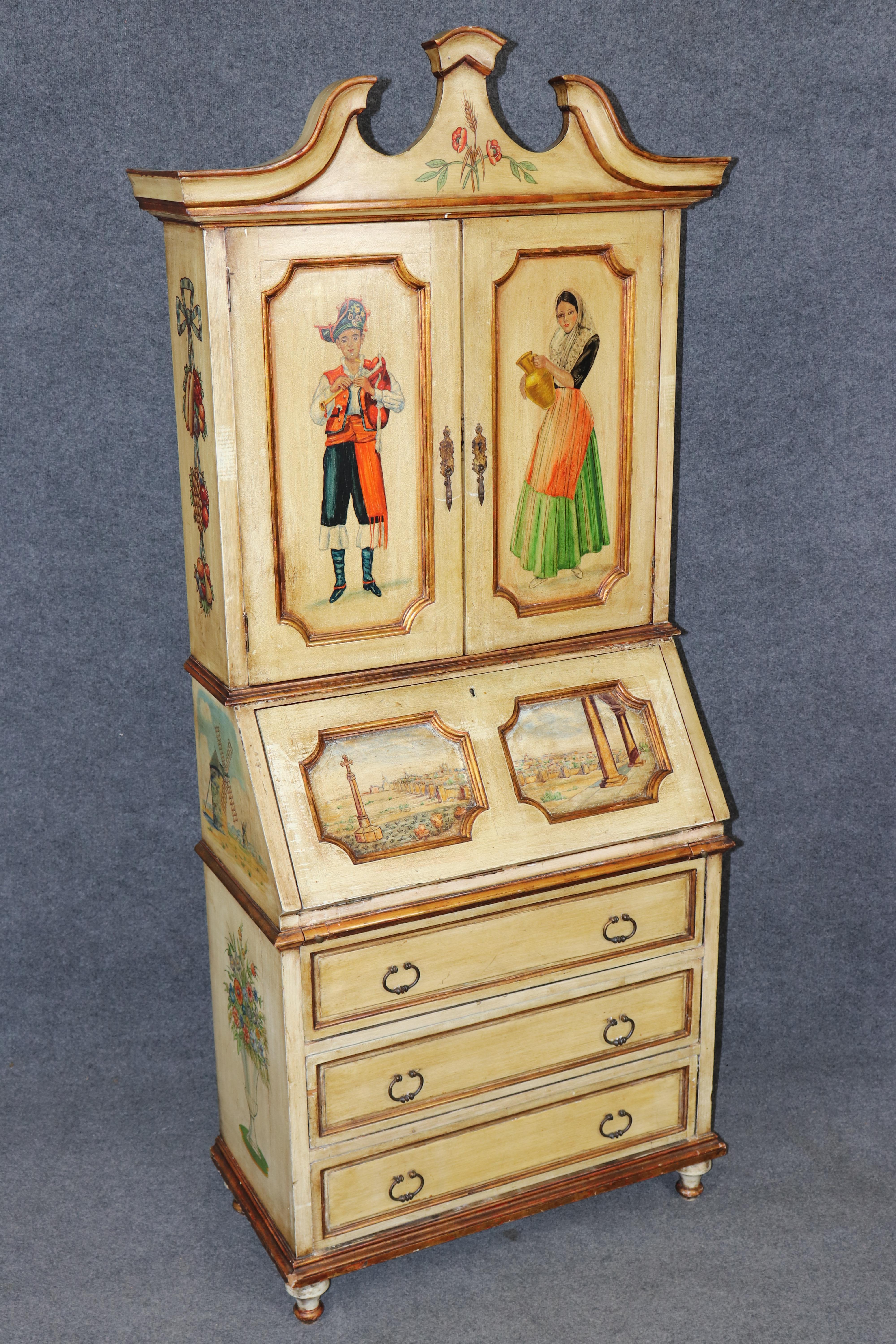 Dimensions - H: 78 1/4 in W: 35 1/2 in D: 16 1/4 in 

Capture the enchanting spirit of classic Europe with this Italian Venetian style distressed paint-decorated secretary desk, crafted circa the 1950s. This exquisite piece beautifully embodies the