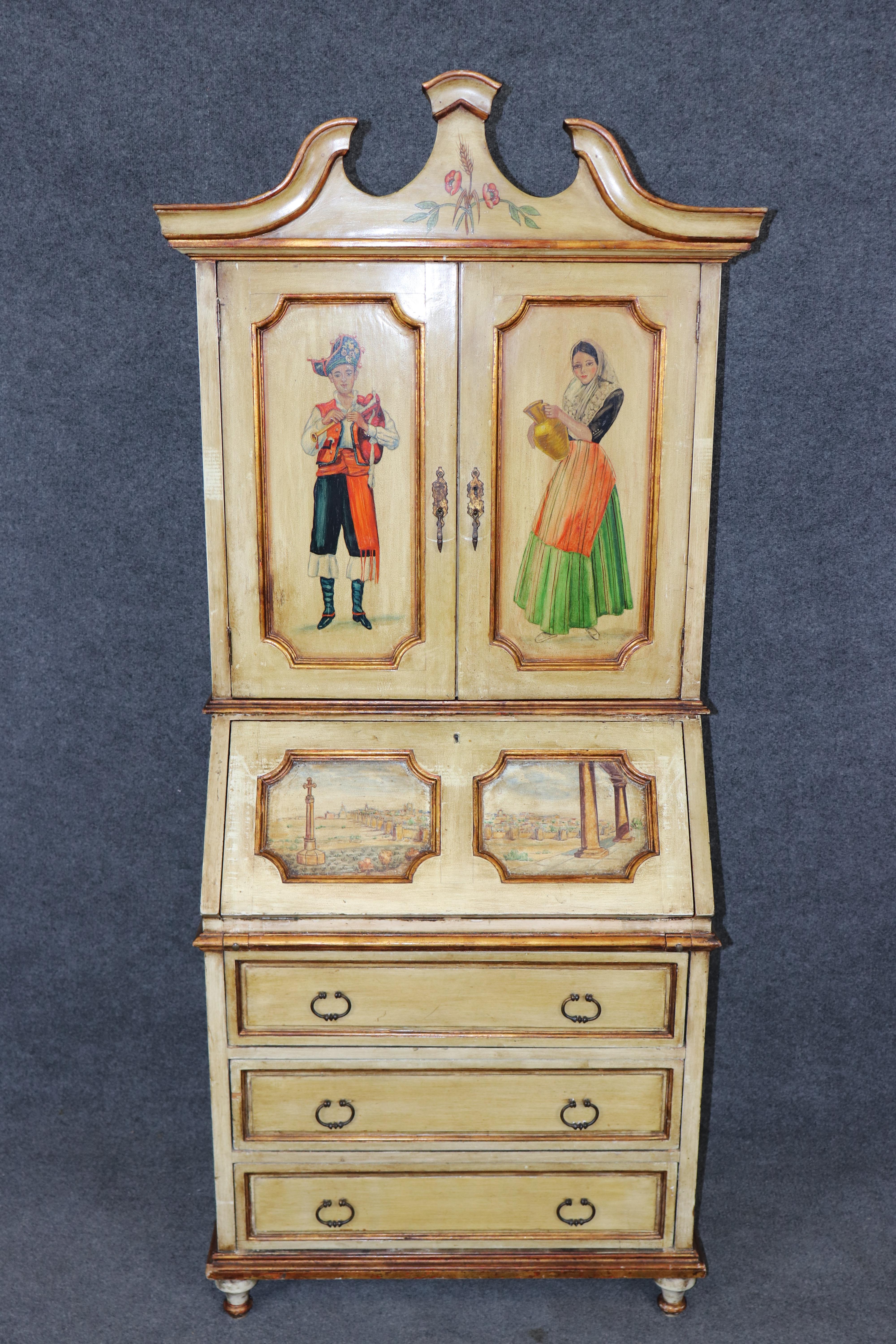 Country Italian Venetian Style Distressed Paint Decorated Secretary Desk C. 1950's For Sale