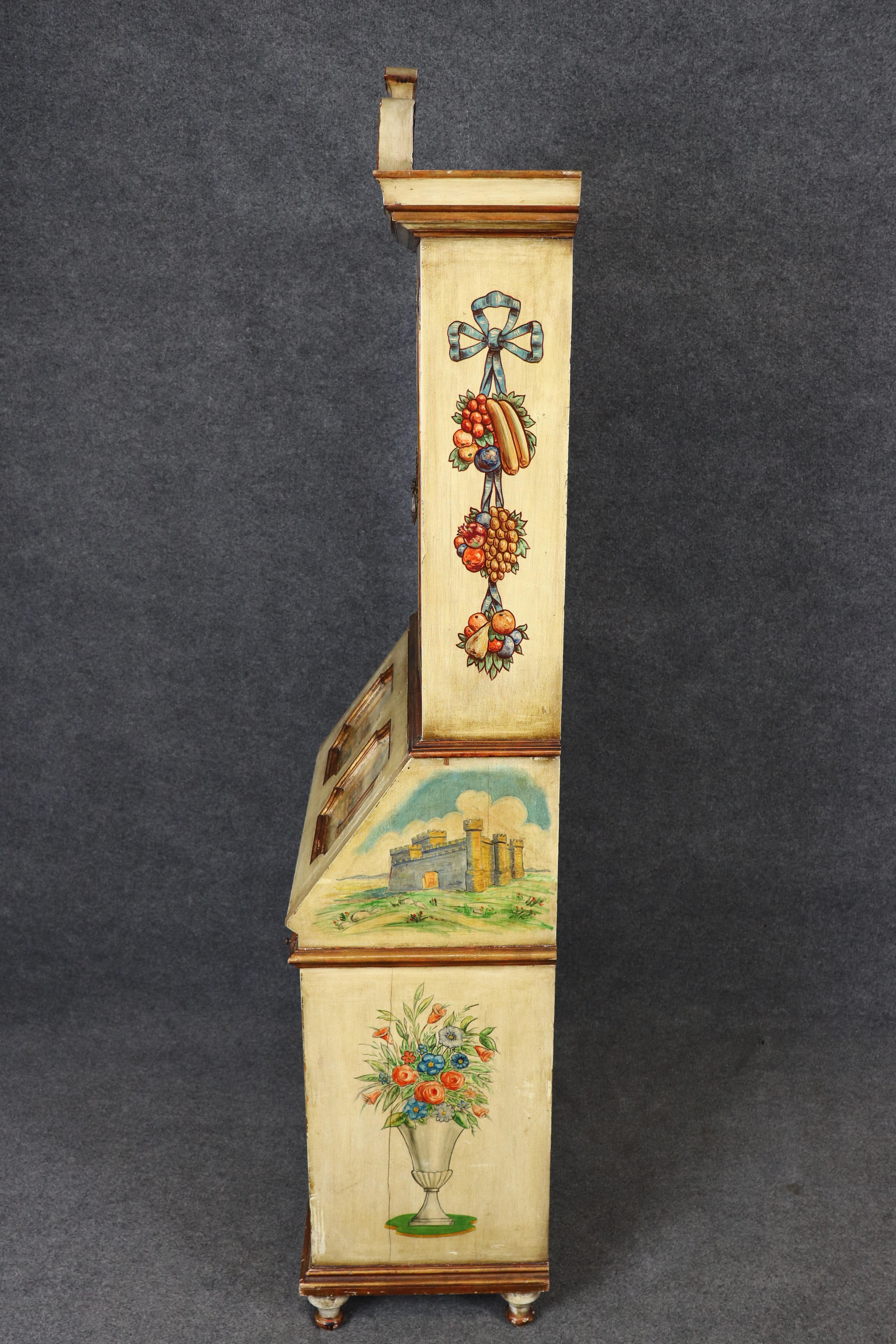 Hand-Crafted Italian Venetian Style Distressed Paint Decorated Secretary Desk C. 1950's For Sale