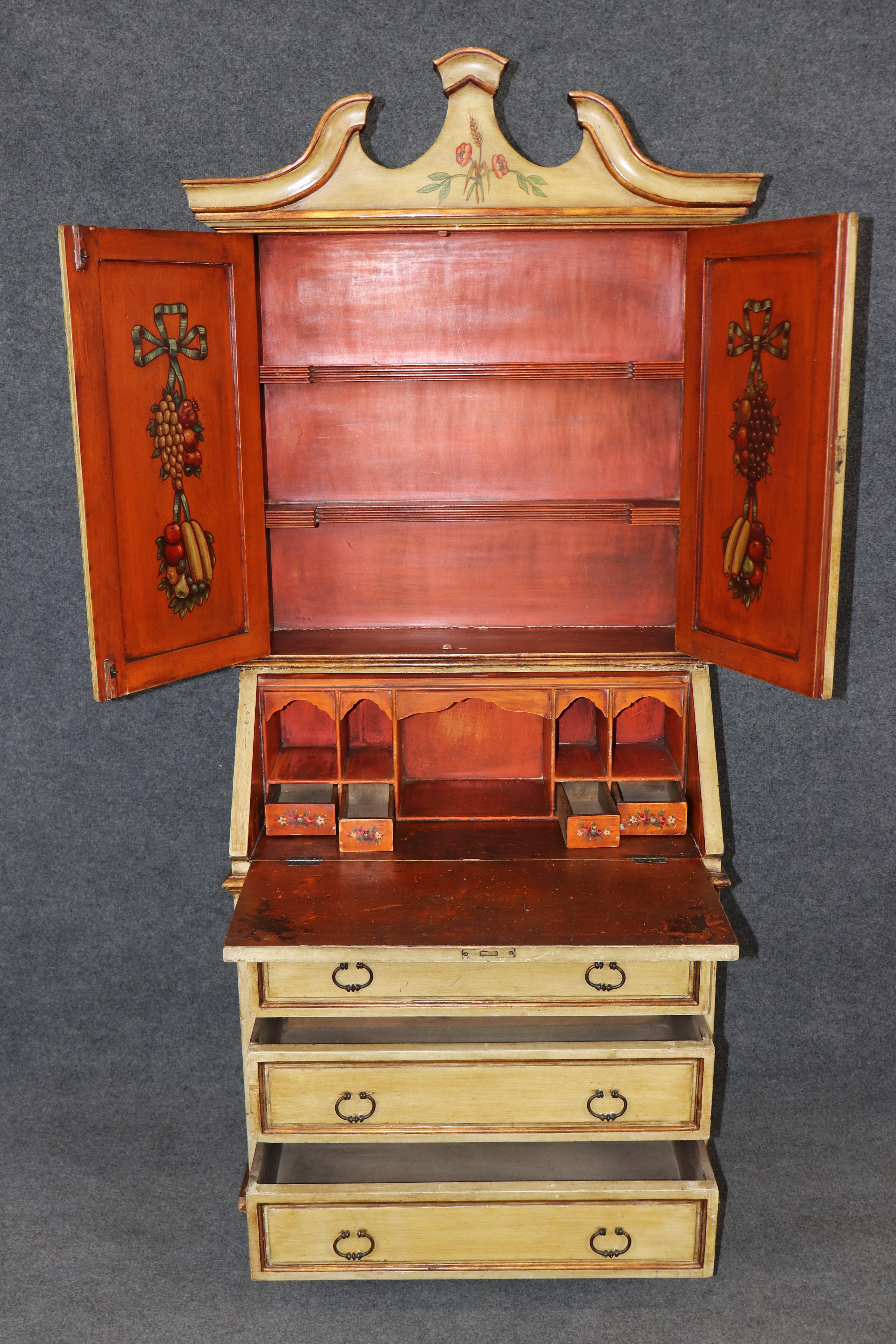 Italian Venetian Style Distressed Paint Decorated Secretary Desk C. 1950's In Good Condition For Sale In Swedesboro, NJ