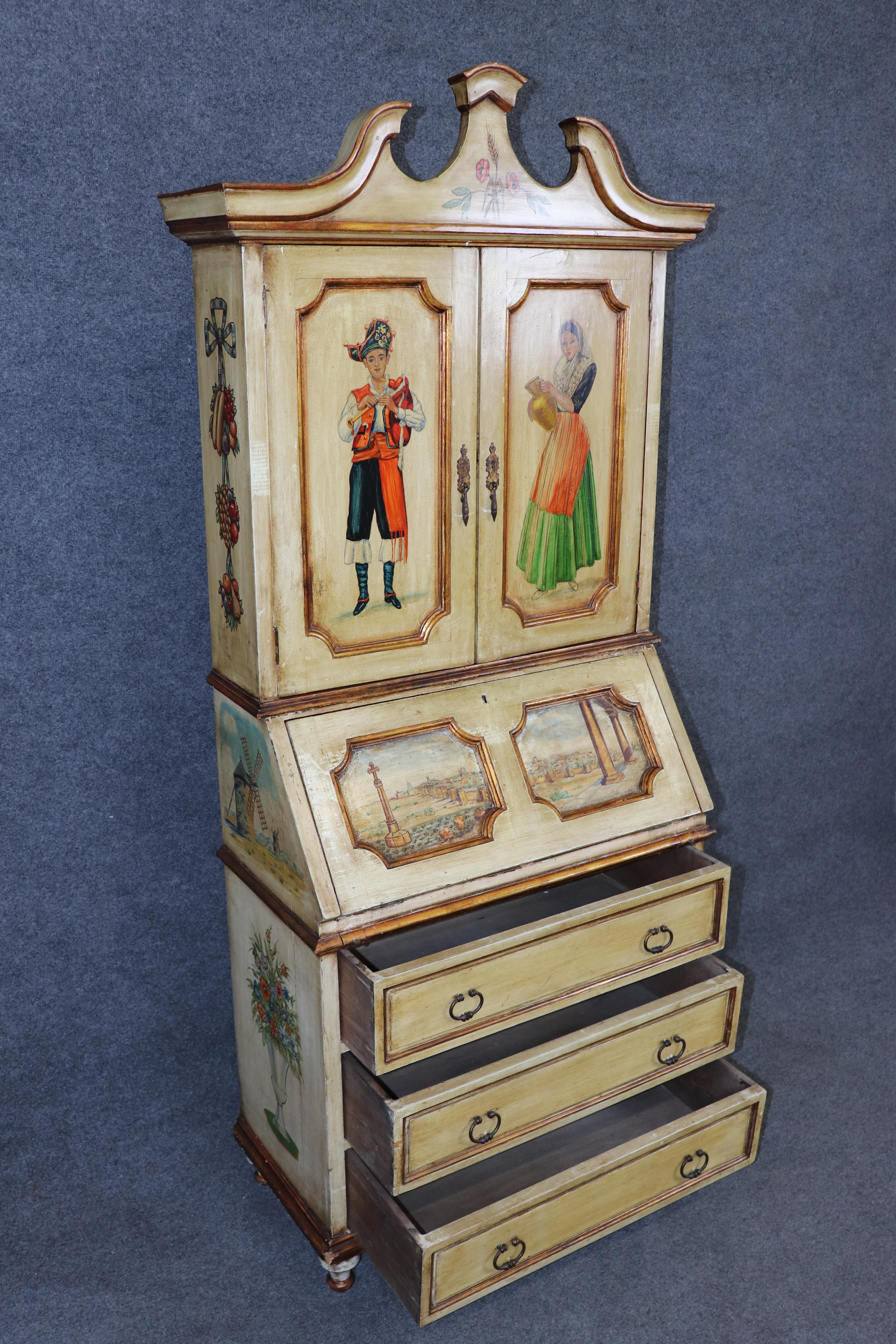 Italian Venetian Style Distressed Paint Decorated Secretary Desk C. 1950's For Sale 2