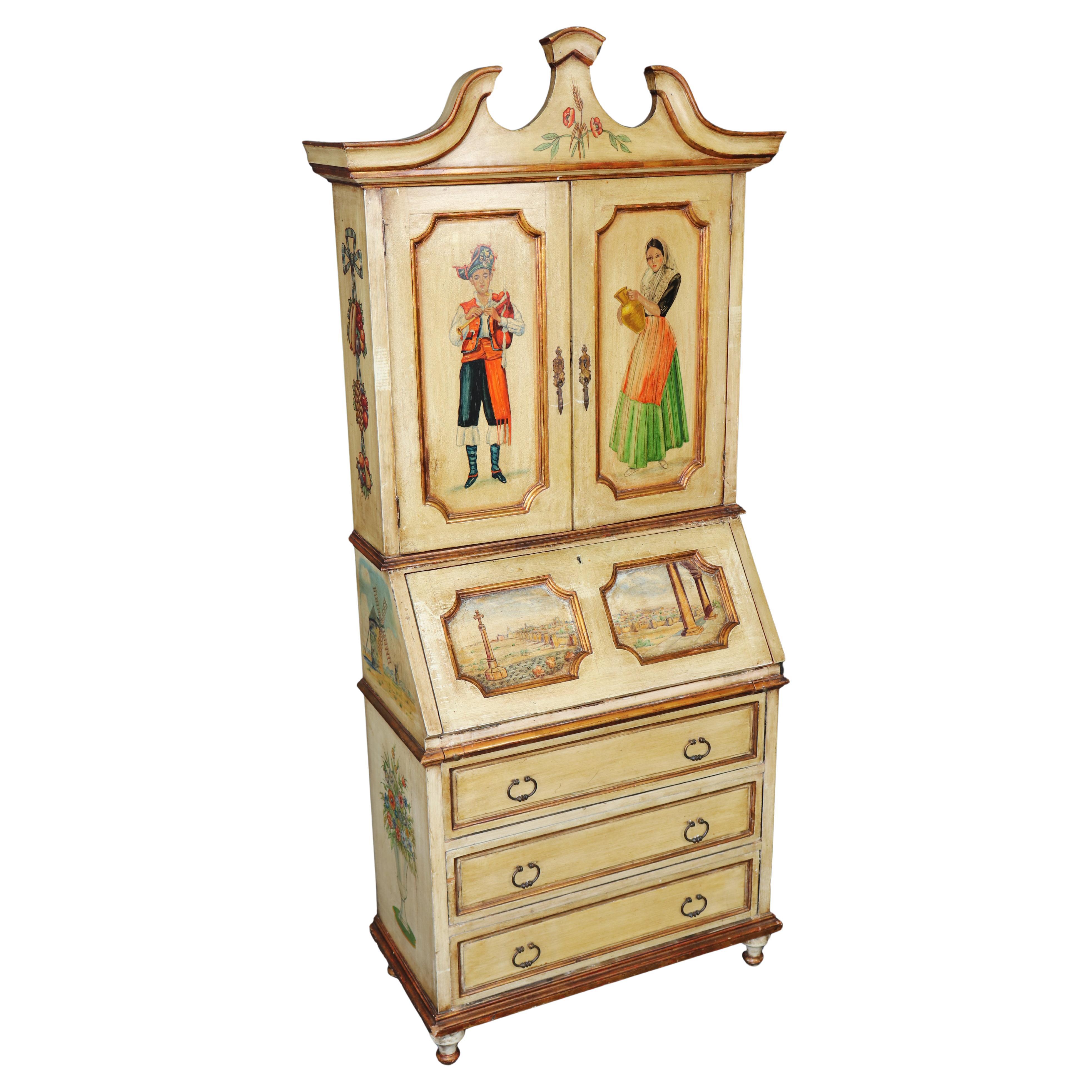 Italian Venetian Style Distressed Paint Decorated Secretary Desk C. 1950's