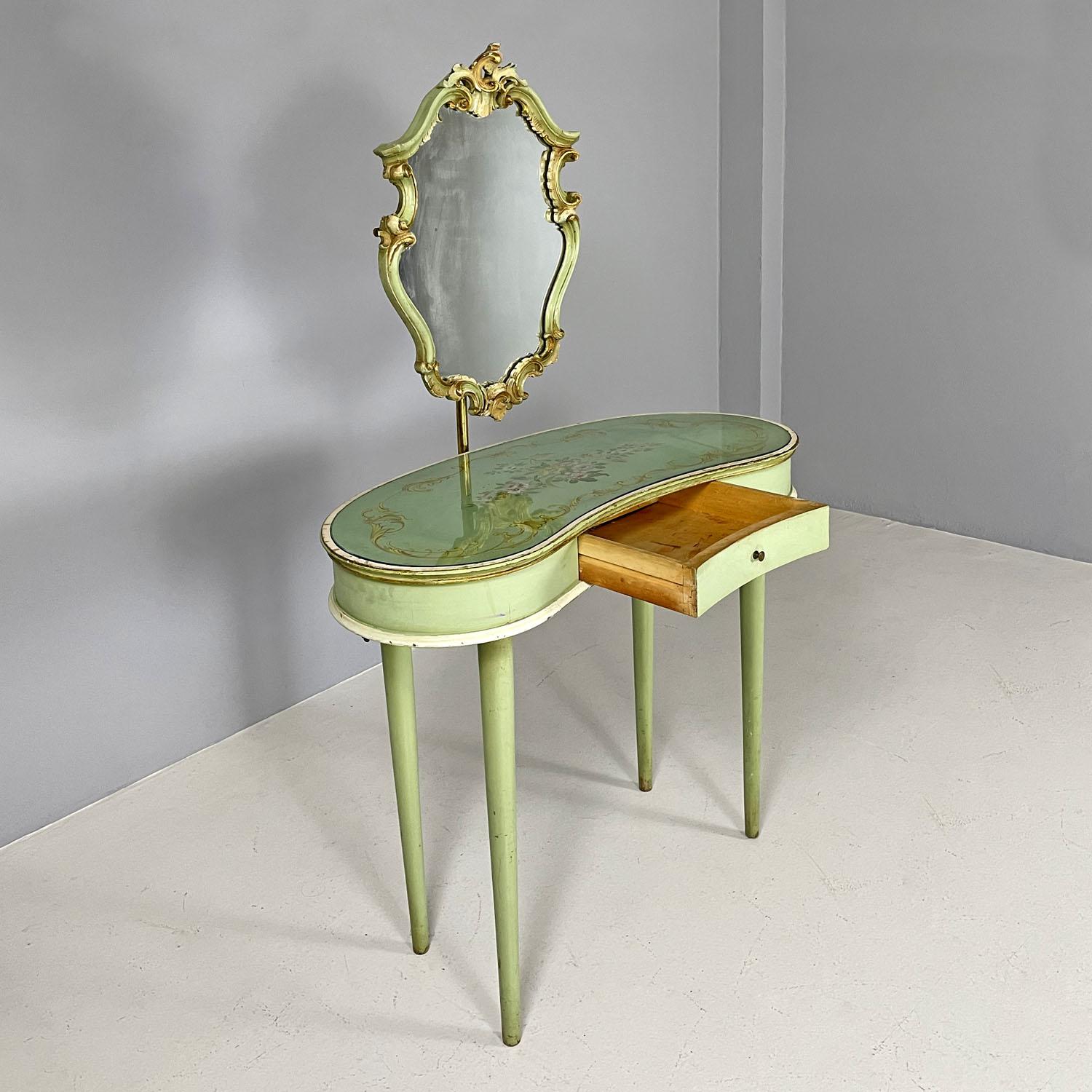 Glass Italian Venetian style green and golden wood console with mirror, 1950s  For Sale