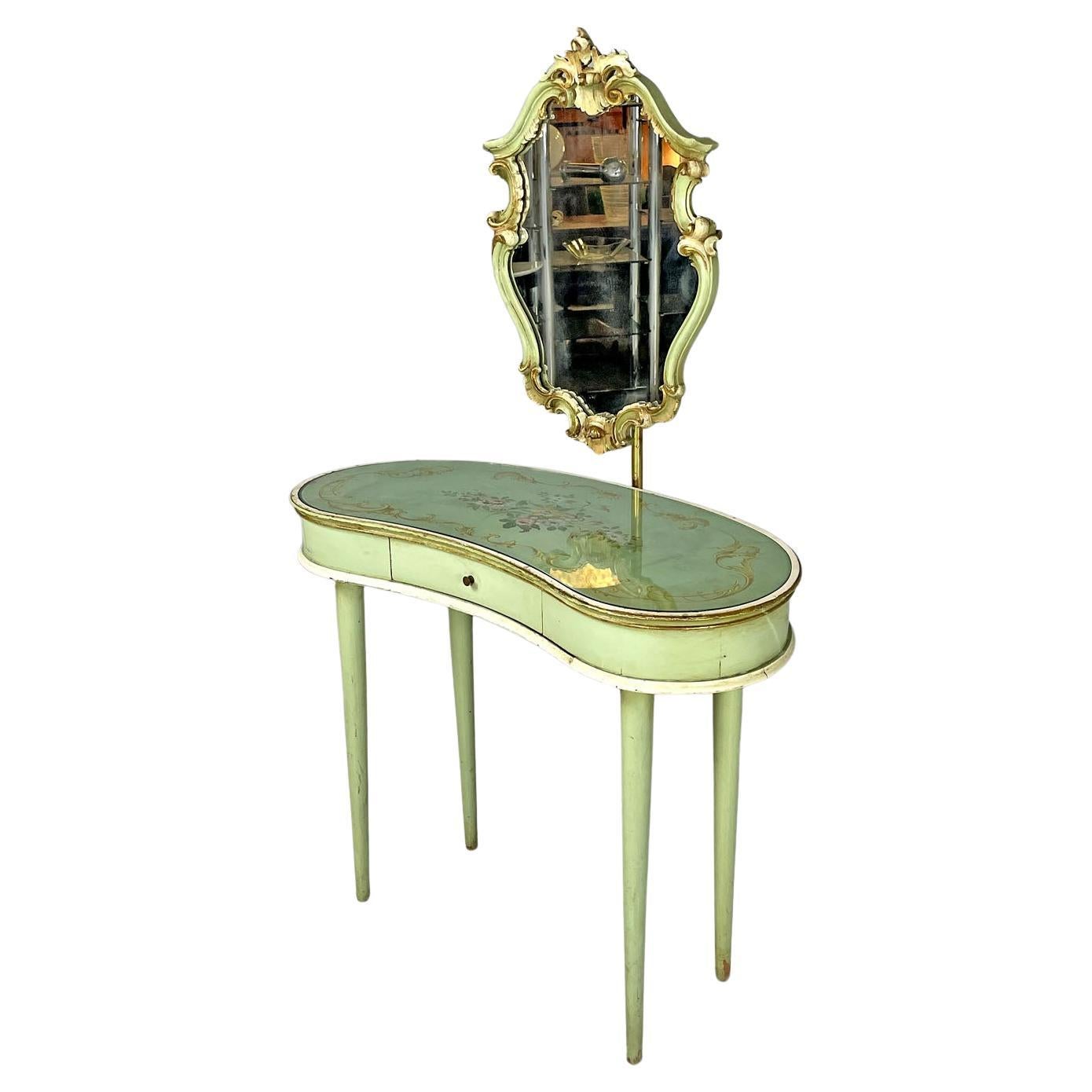 Italian Venetian style green and golden wood console with mirror, 1950s  For Sale