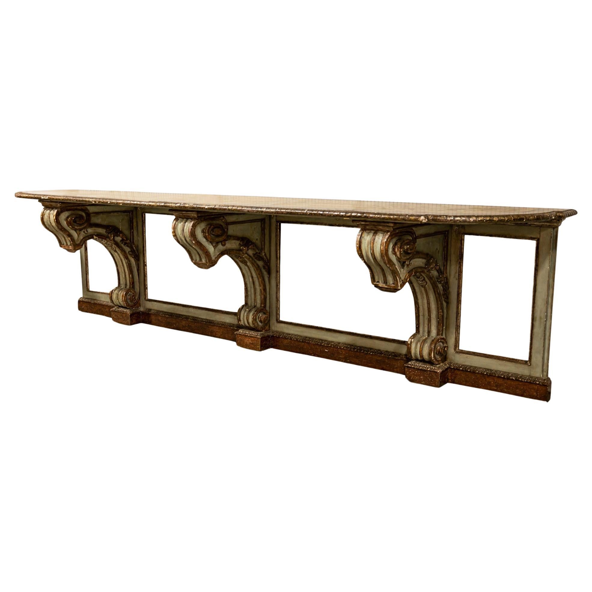 Table console monumentale peinte et miroir de style vénitien italien en vente