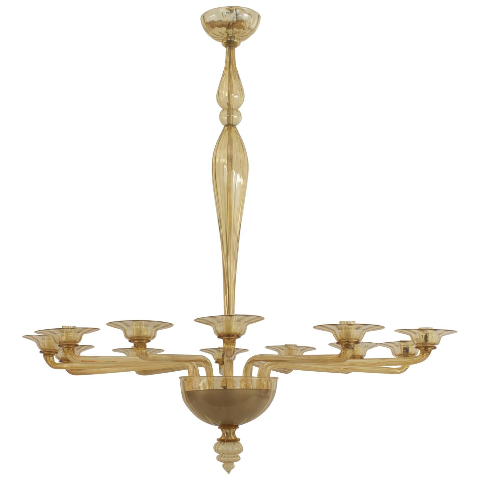 1940s Venetian-Style Murano Amber Glass Chandelier with 12 Arms
