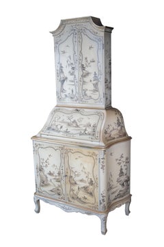 Italian Venetian Style Off White Chinoiserie Secretary Desk Bookcase Trumeau